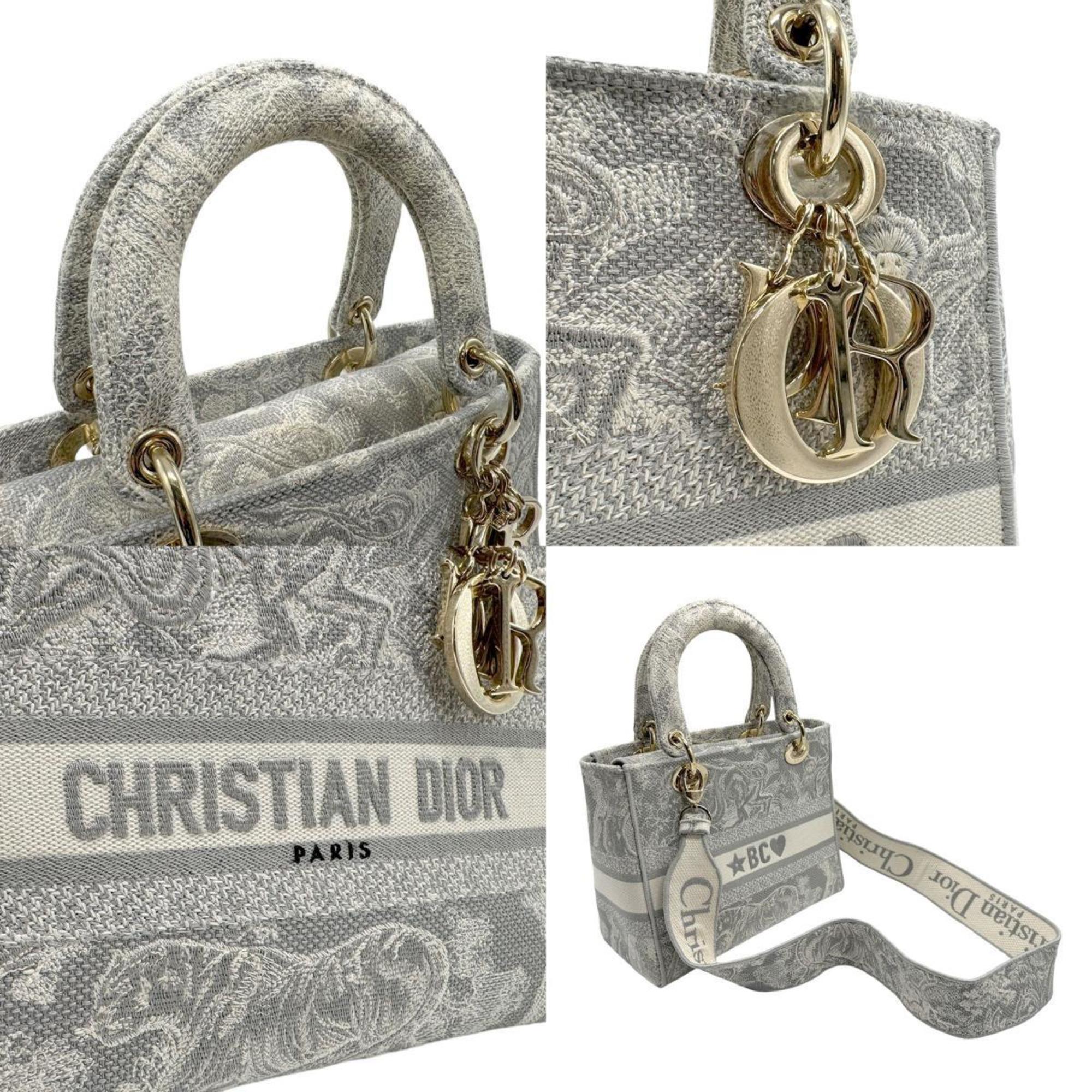 Christian Dior handbag shoulder bag Lady Delight canvas light gray off-white gold women's n0439