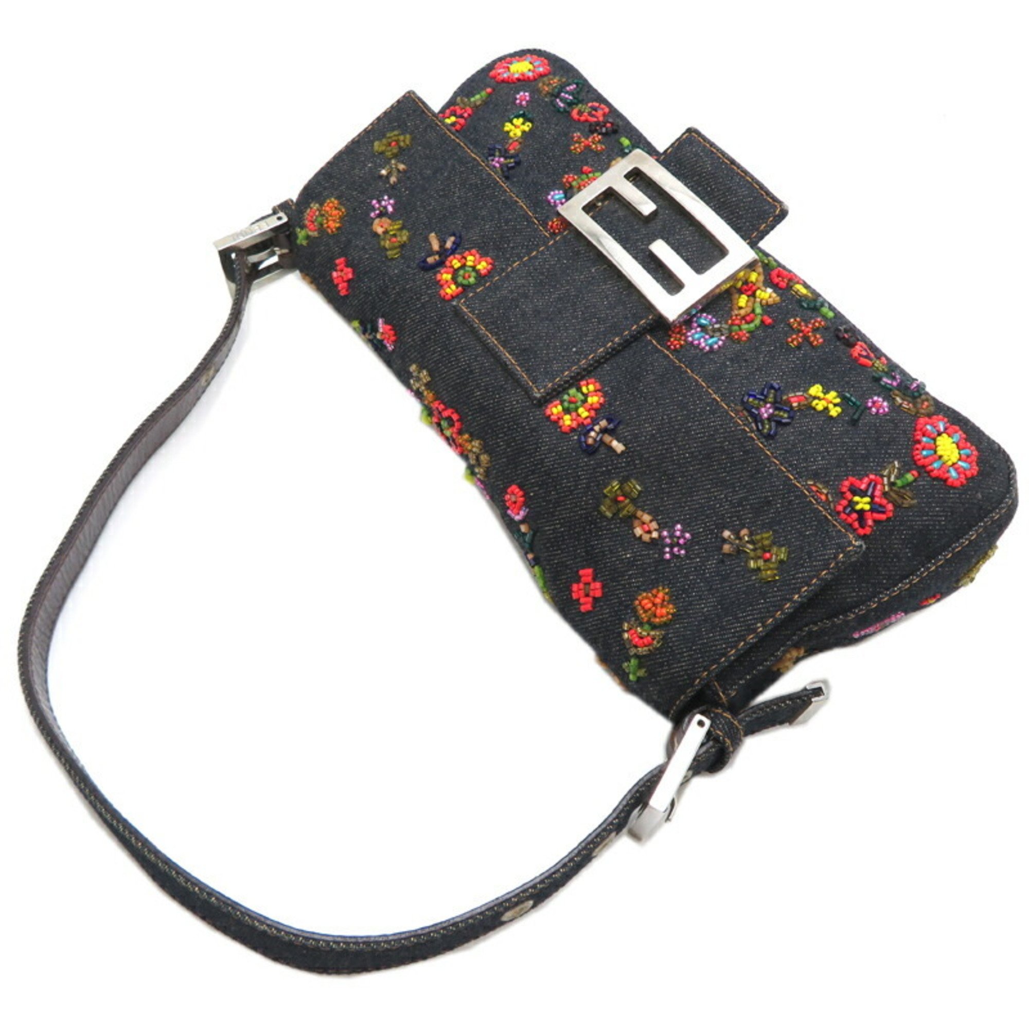 Fendi Mamma Bucket Beads Multicolor Women's Shoulder Bag Denim Indigo Blue