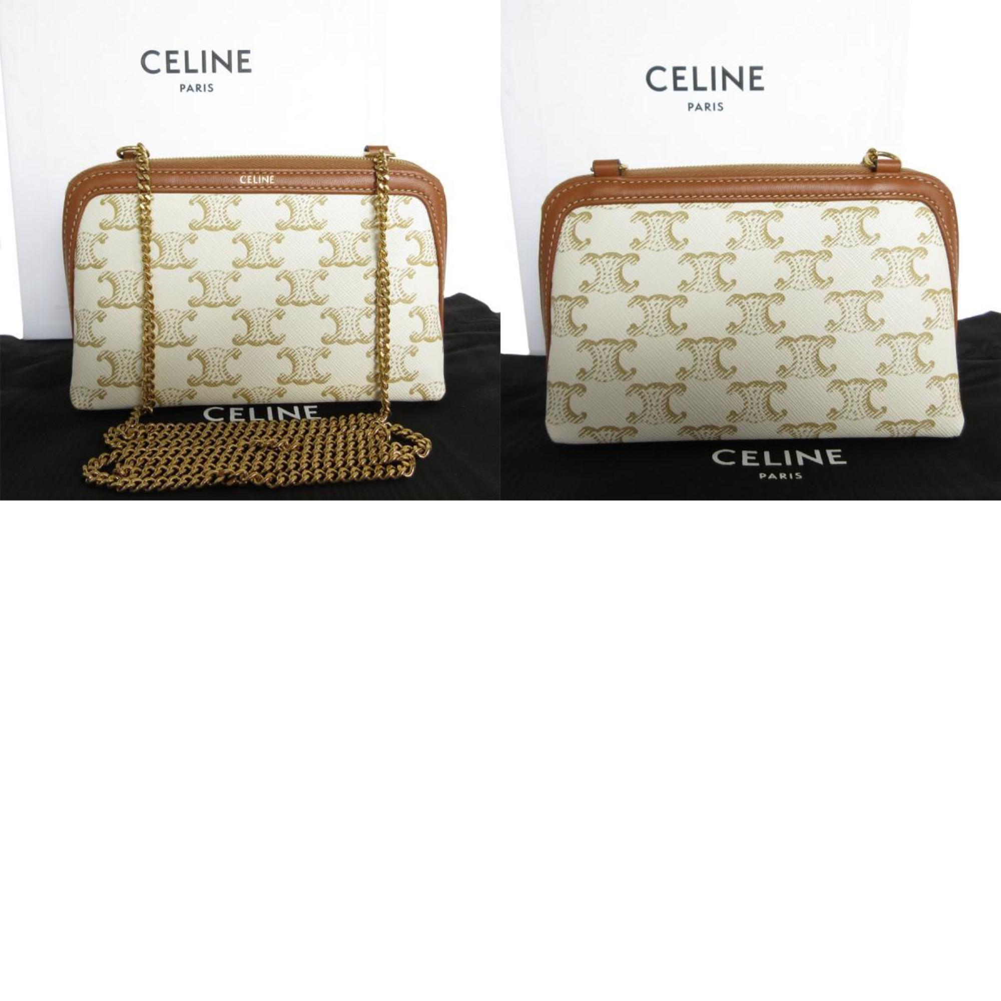 CELINE shoulder bag pouch Triomphe leather off-white brown gold women's s0341i