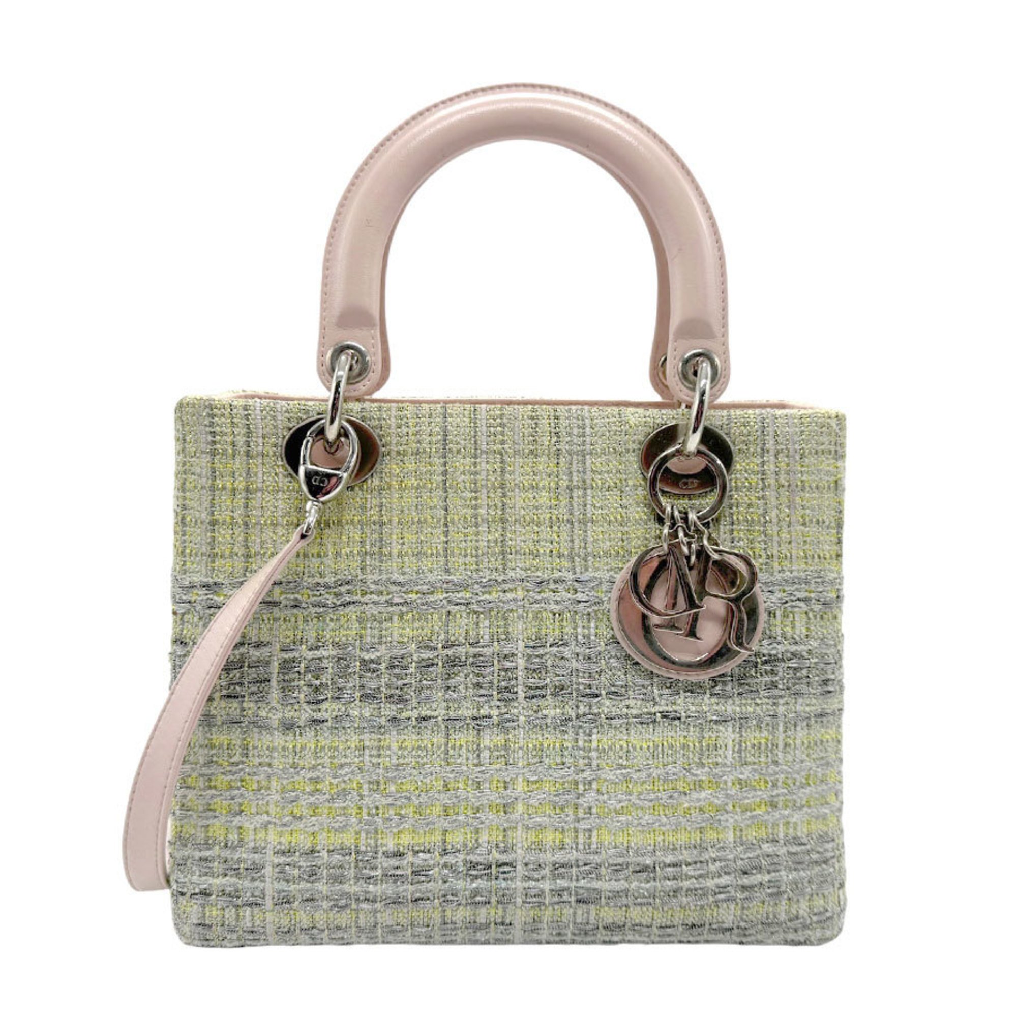 Christian Dior handbag shoulder bag Lady tweed leather green yellow light pink beige silver women's n0461