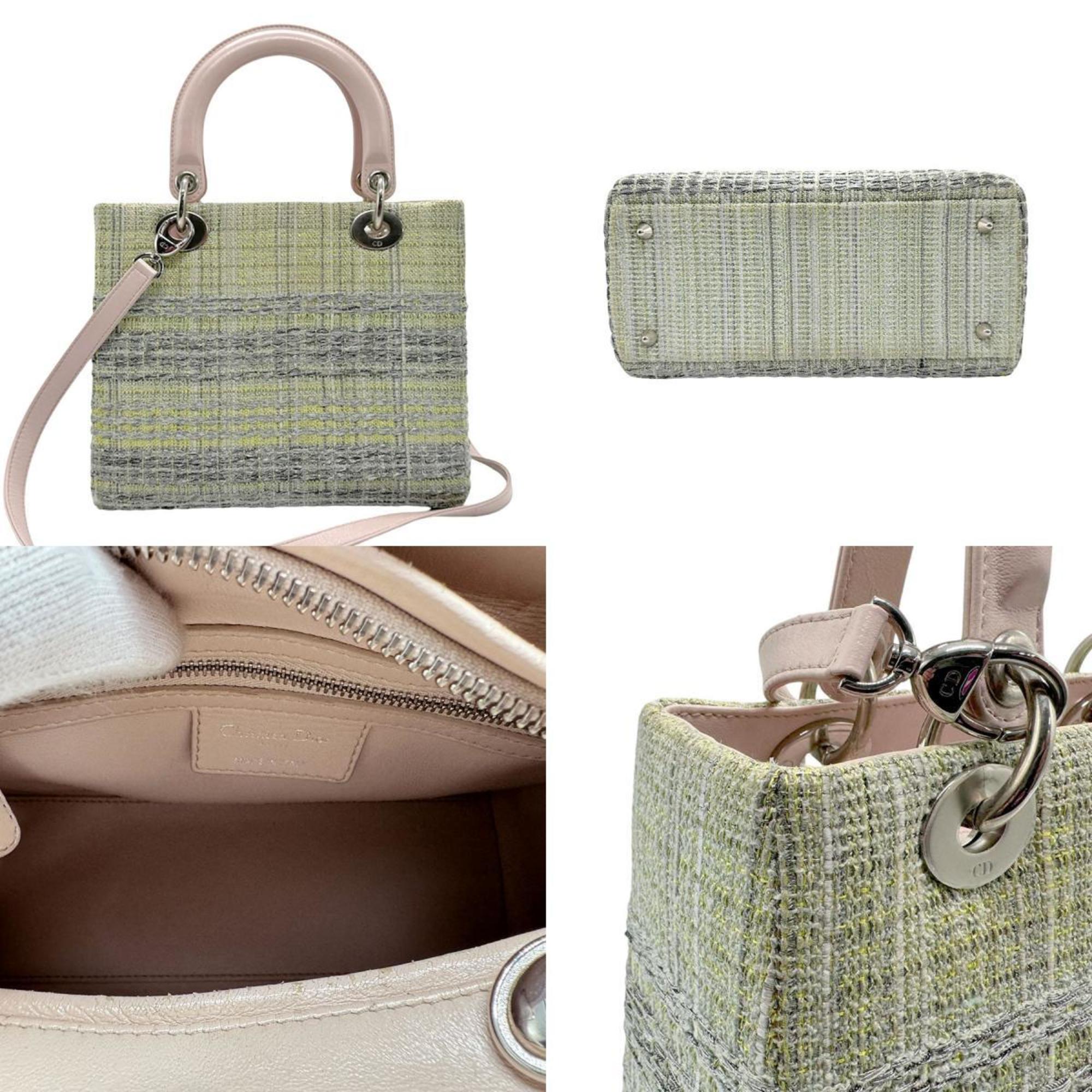 Christian Dior handbag shoulder bag Lady tweed leather green yellow light pink beige silver women's n0461