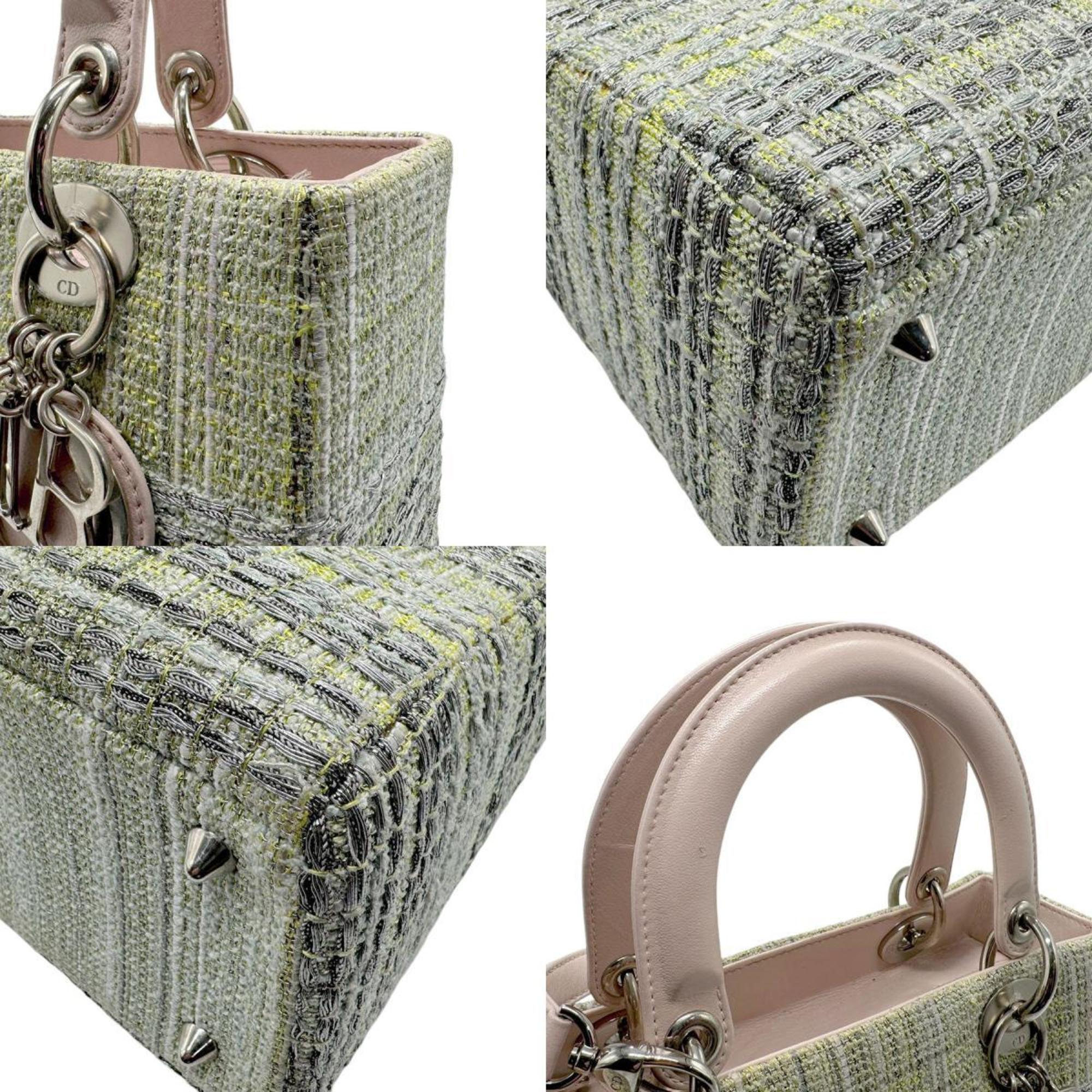 Christian Dior handbag shoulder bag Lady tweed leather green yellow light pink beige silver women's n0461