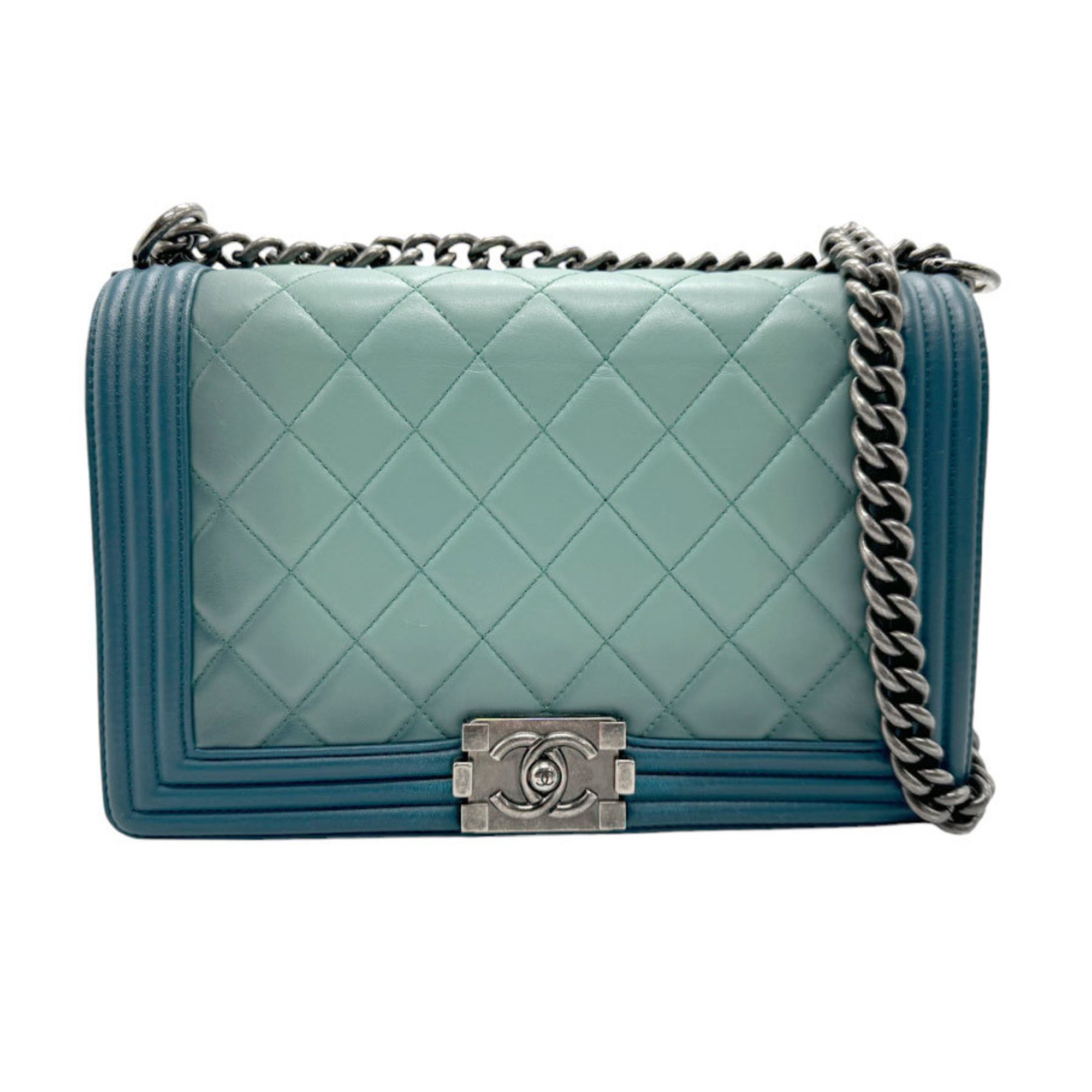 CHANEL Shoulder Bag Boy Chanel Lambskin Green Women's n0458