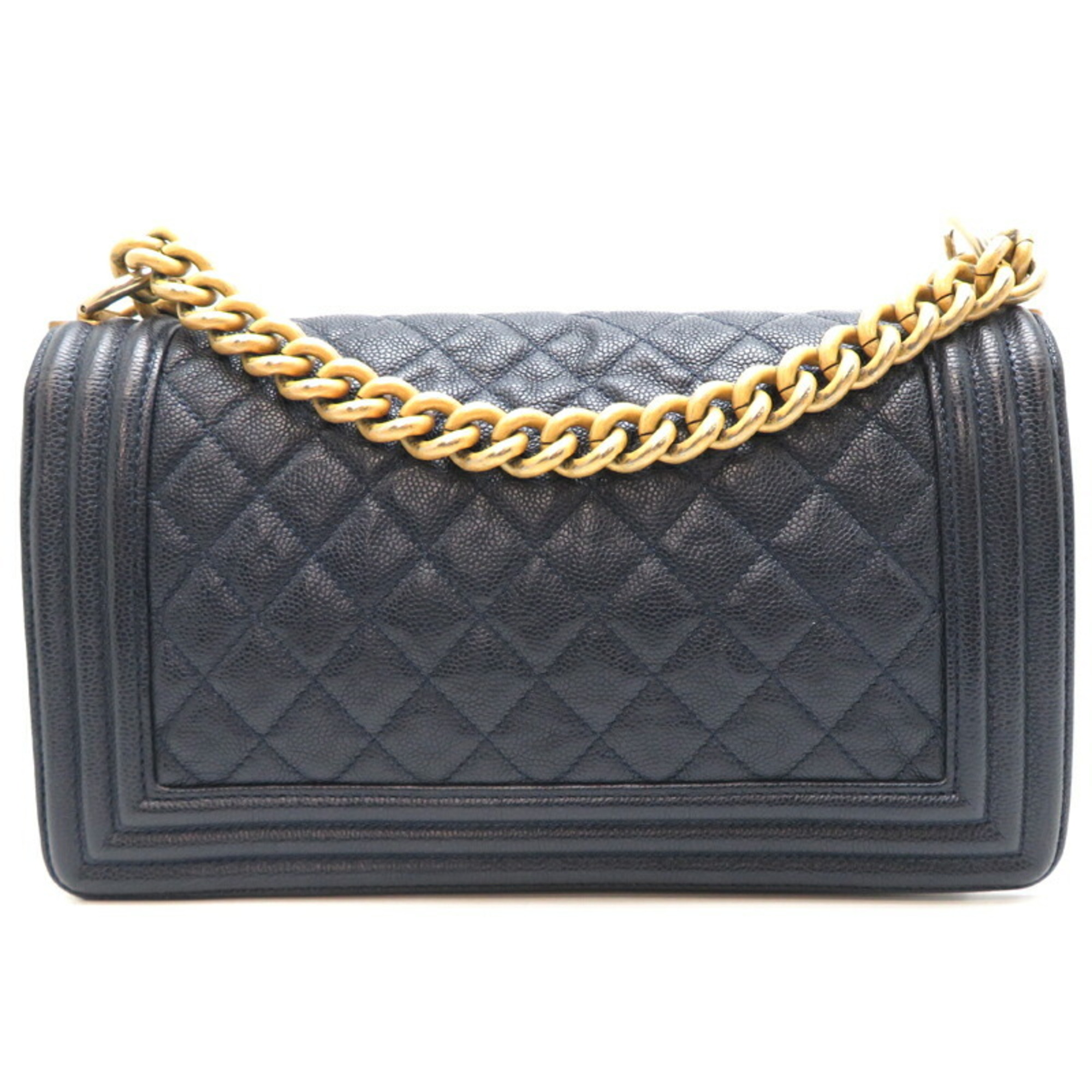 Chanel Seal Included Boy 25 Chain Shoulder Women's Bag A67086 Caviar Skin Navy