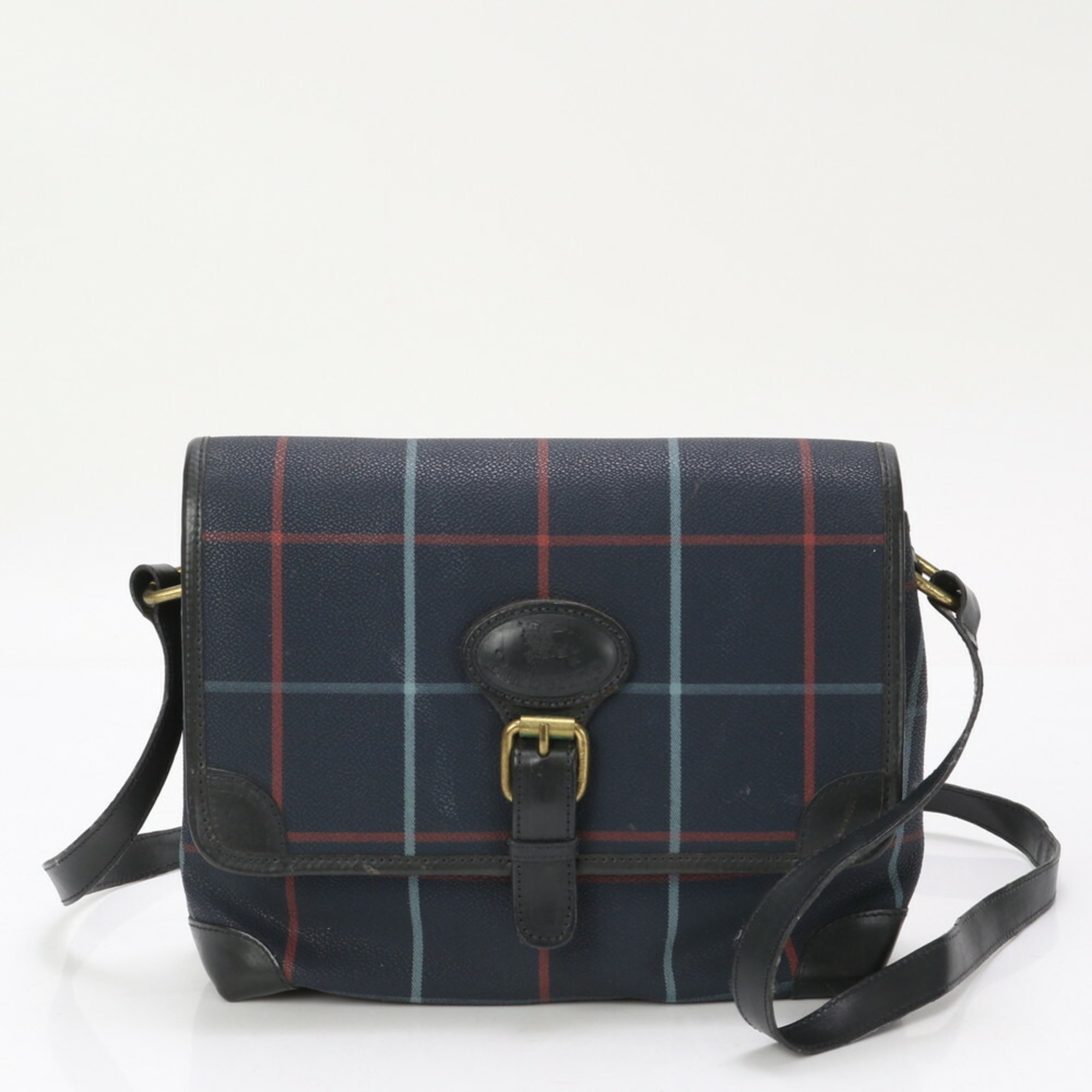 Burberry Check Pattern Shoulder Bag Crossbody Hand Tote Navy Leather Women's