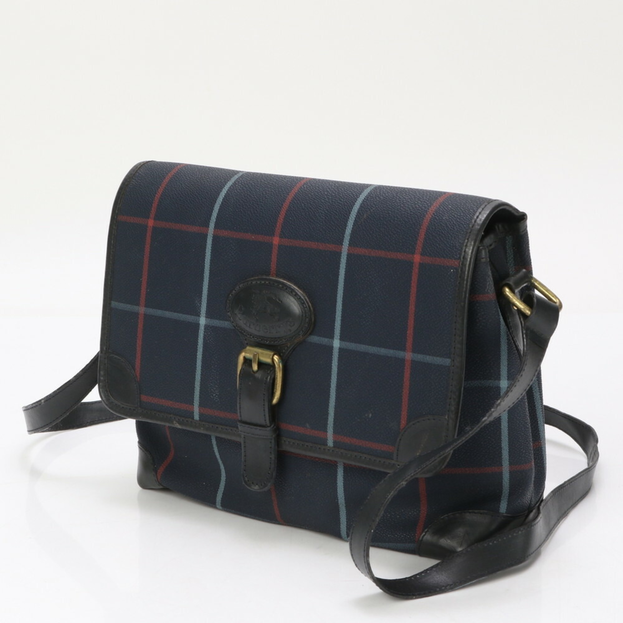 Burberry Check Pattern Shoulder Bag Crossbody Hand Tote Navy Leather Women's