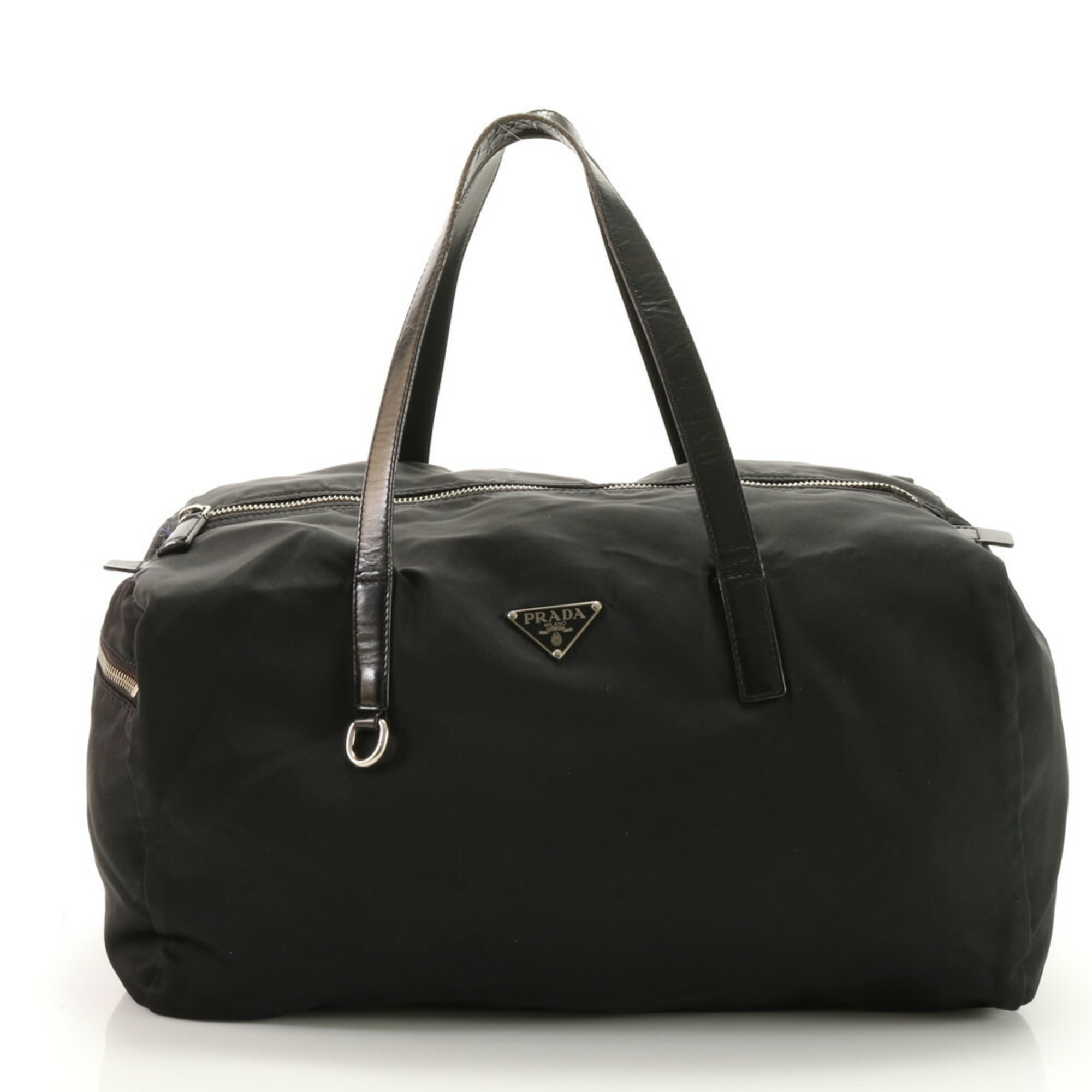 Prada Tessuto Nylon Triangle Boston Leather Shoulder Bag Black Women's