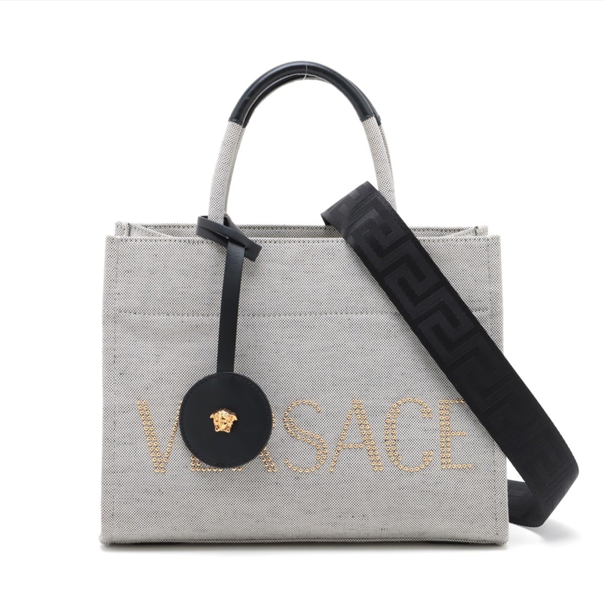 Versace Leather Canvas Shoulder Handbag Grey Women's