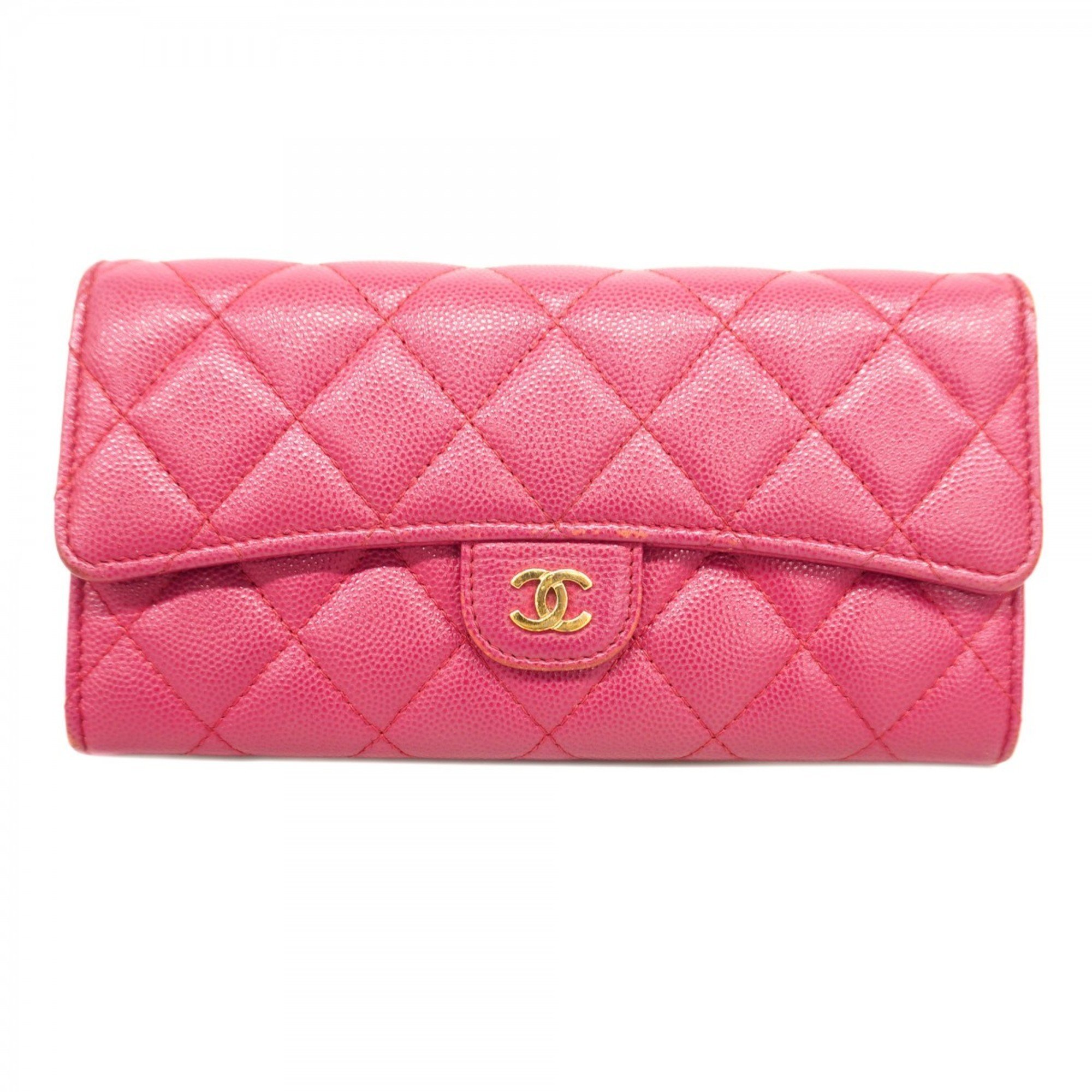 Chanel Long Wallet Matelasse Caviar Skin Pink Women's