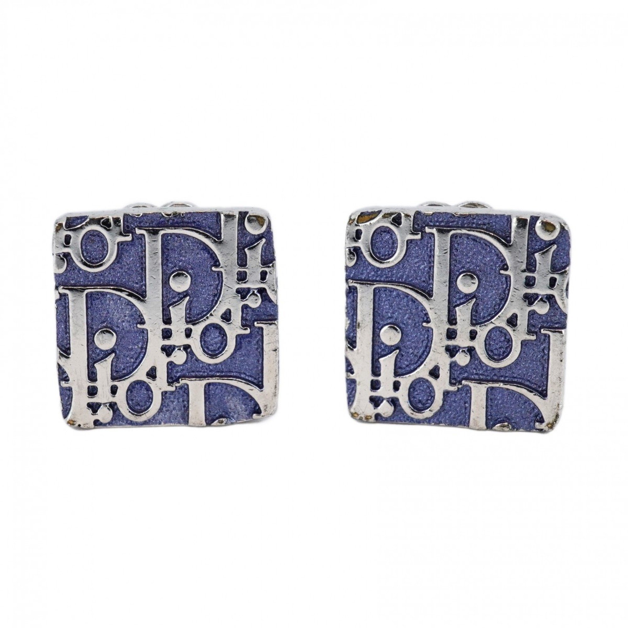 Christian Dior Earrings Trotter Square Metal Silver Blue Women's