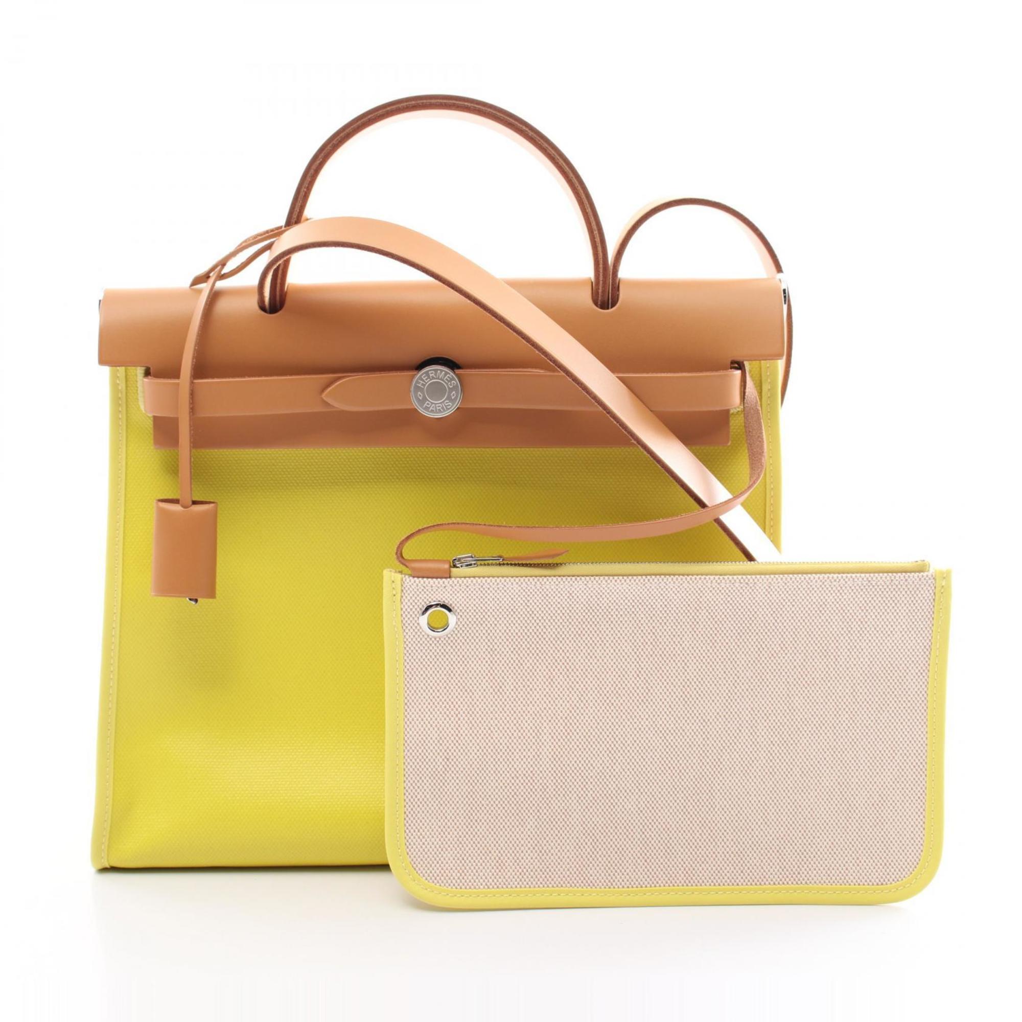 Hermes HERMES Airbag Zip PM Lime Handbag Bag Toile H Berlin Vache Hunter Women's Yellow Brown Beige