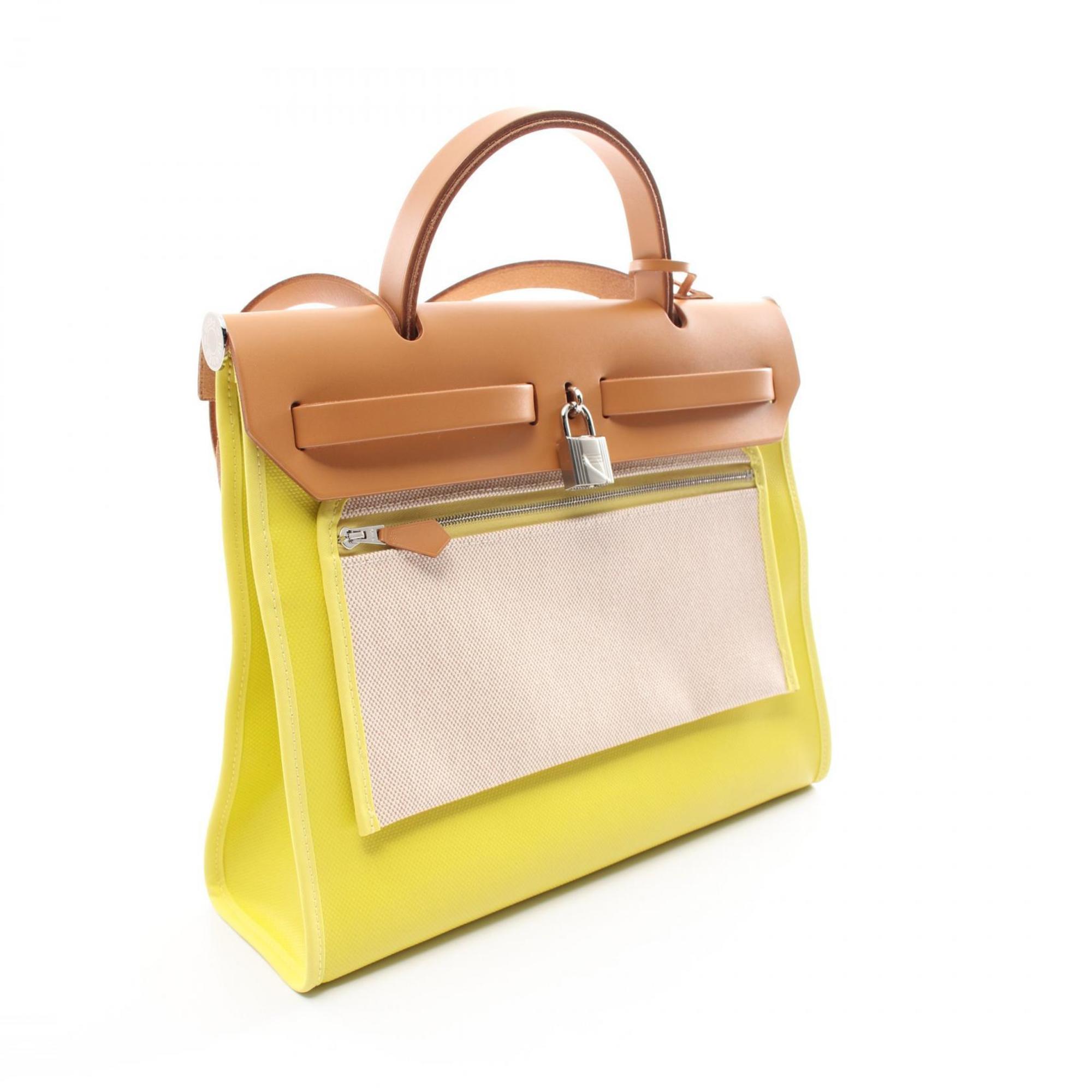 Hermes HERMES Airbag Zip PM Lime Handbag Bag Toile H Berlin Vache Hunter Women's Yellow Brown Beige