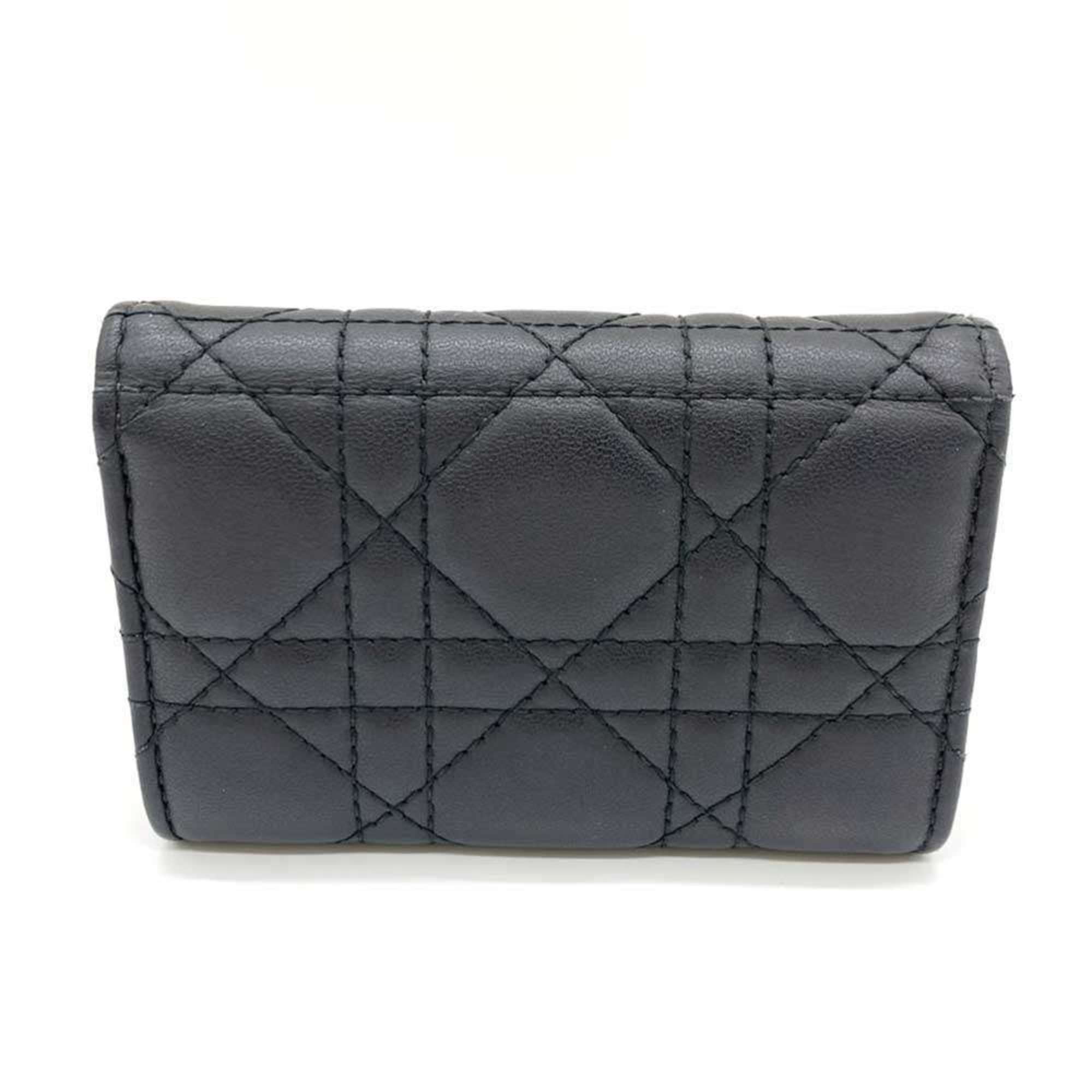 Christian Dior Wallet Miss Glycine Black Bifold Cannage Women's Leather