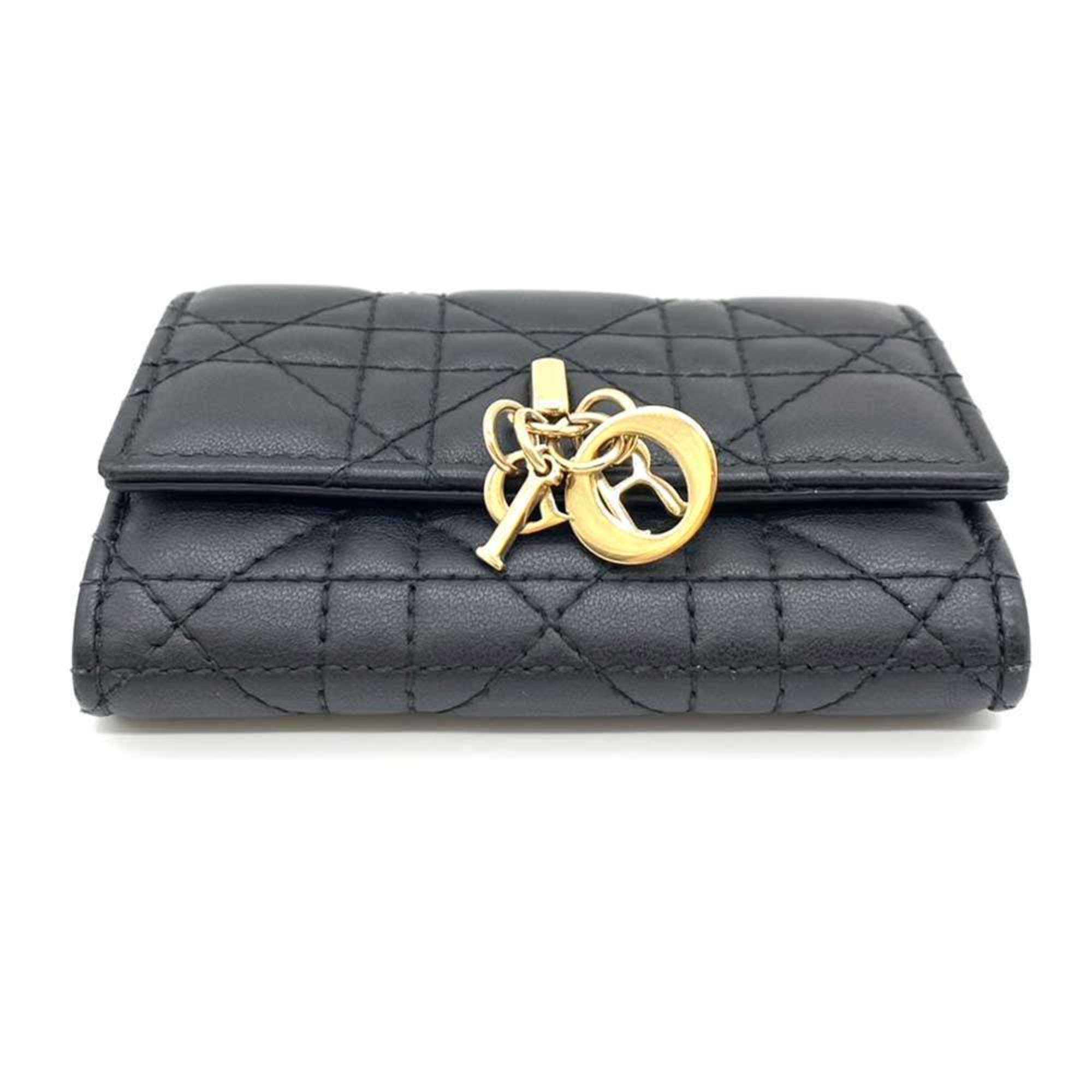 Christian Dior Wallet Miss Glycine Black Bifold Cannage Women's Leather