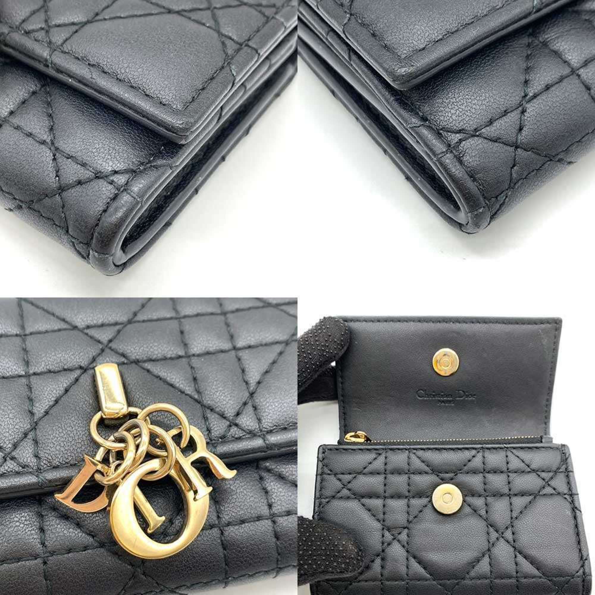 Christian Dior Wallet Miss Glycine Black Bifold Cannage Women's Leather