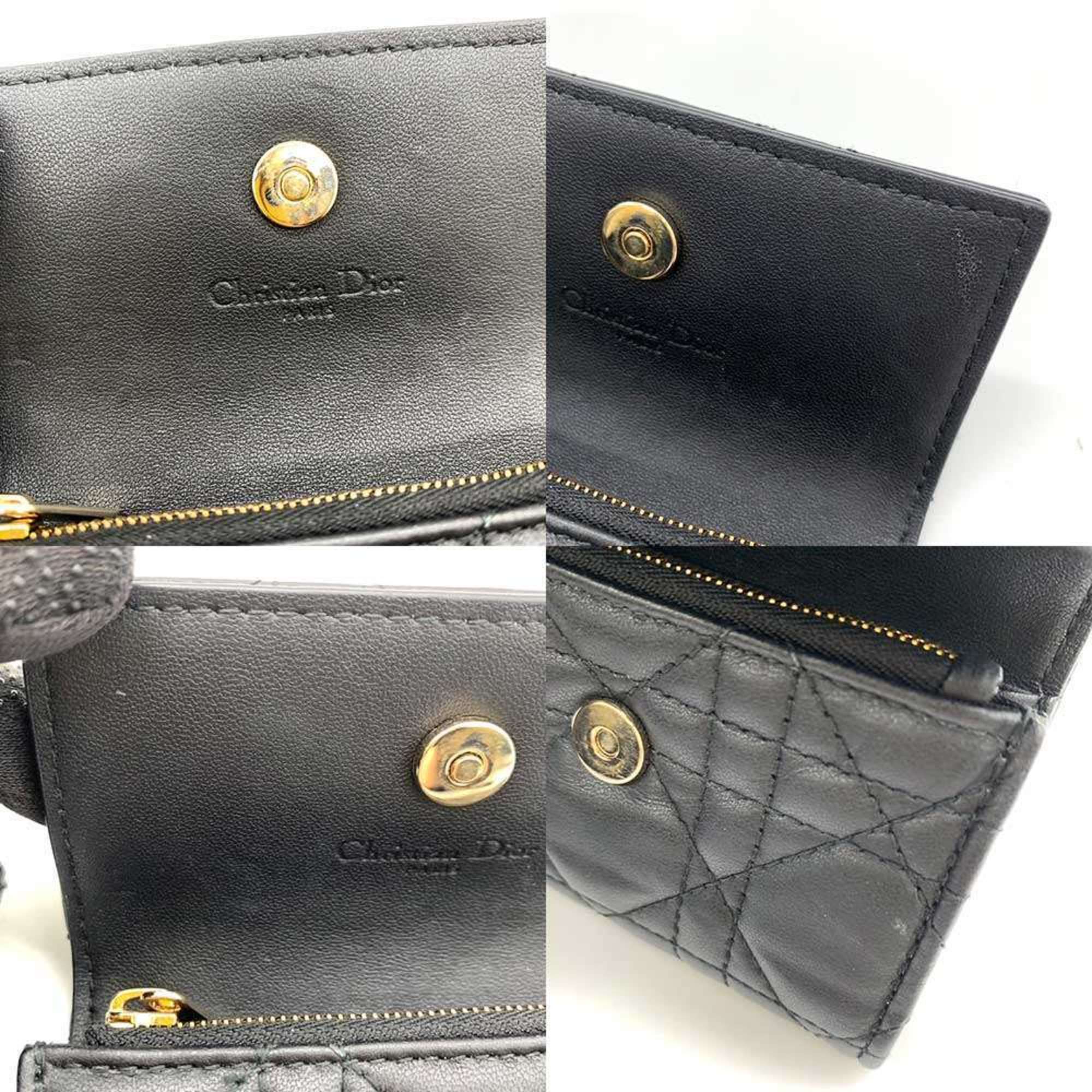 Christian Dior Wallet Miss Glycine Black Bifold Cannage Women's Leather