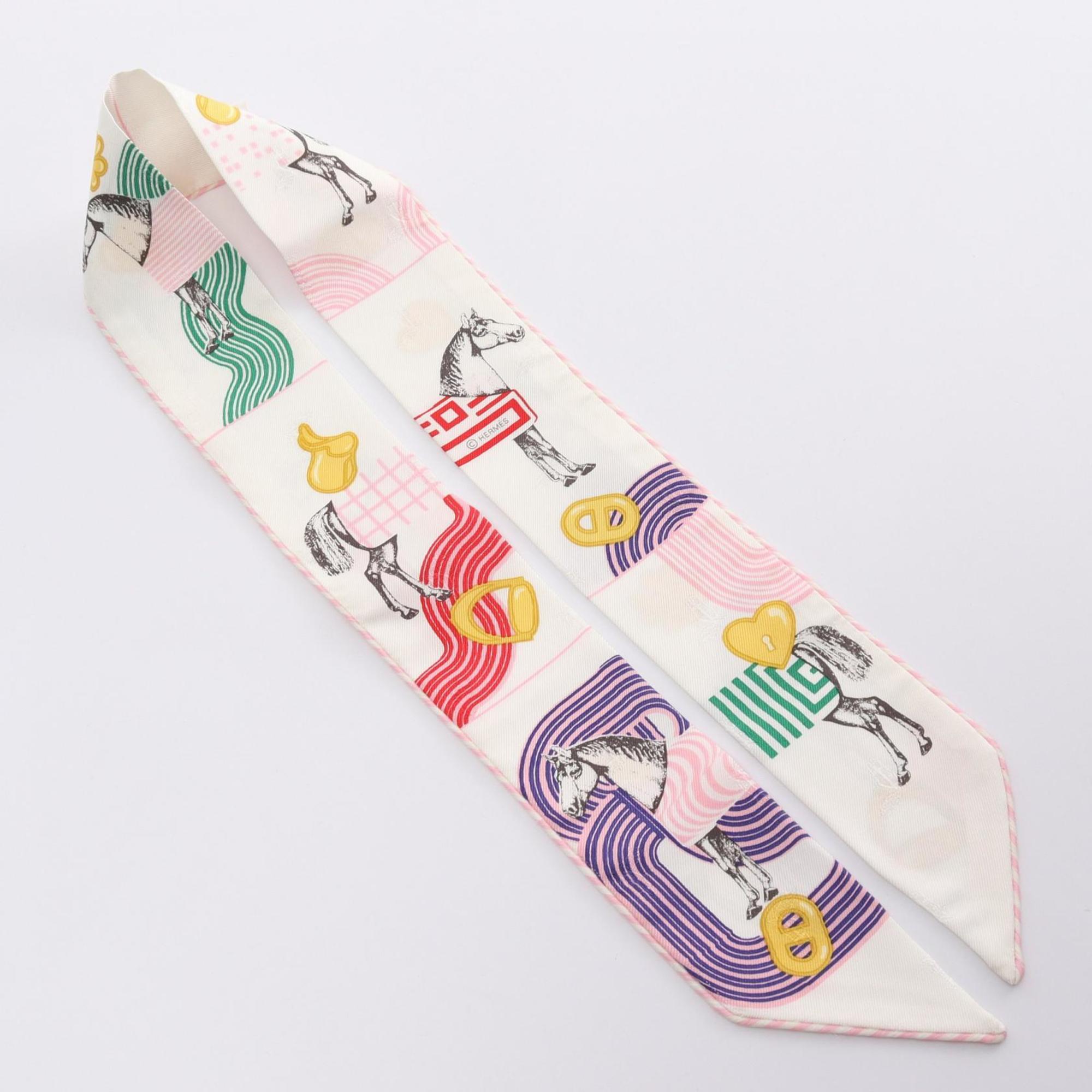 Hermes HERMES Twilly GARDE ROBE POP Ribbon Scarf Silk Women's White Multicolor