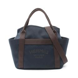 Hermes HERMES Sac de Pansage Groom Tote Bag Leather Toile Chevron Men's Women's Navy Brown 068312CK