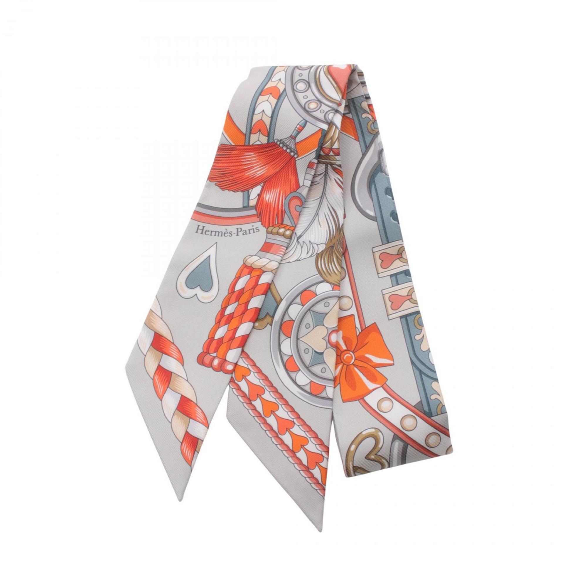 HERMES Twilly HARNAIS DE COEUR Scarf Silk Women's Grey Multicolor