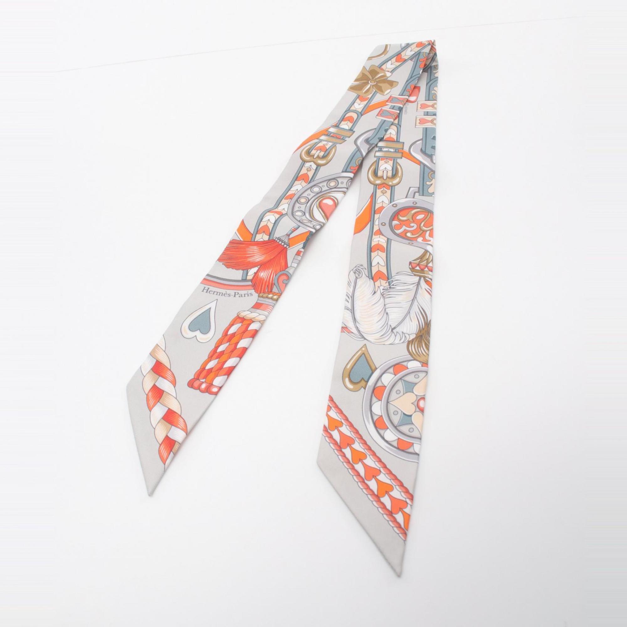 HERMES Twilly HARNAIS DE COEUR Scarf Silk Women's Grey Multicolor