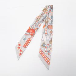 HERMES Twilly HARNAIS DE COEUR Scarf Silk Women's Grey Multicolor