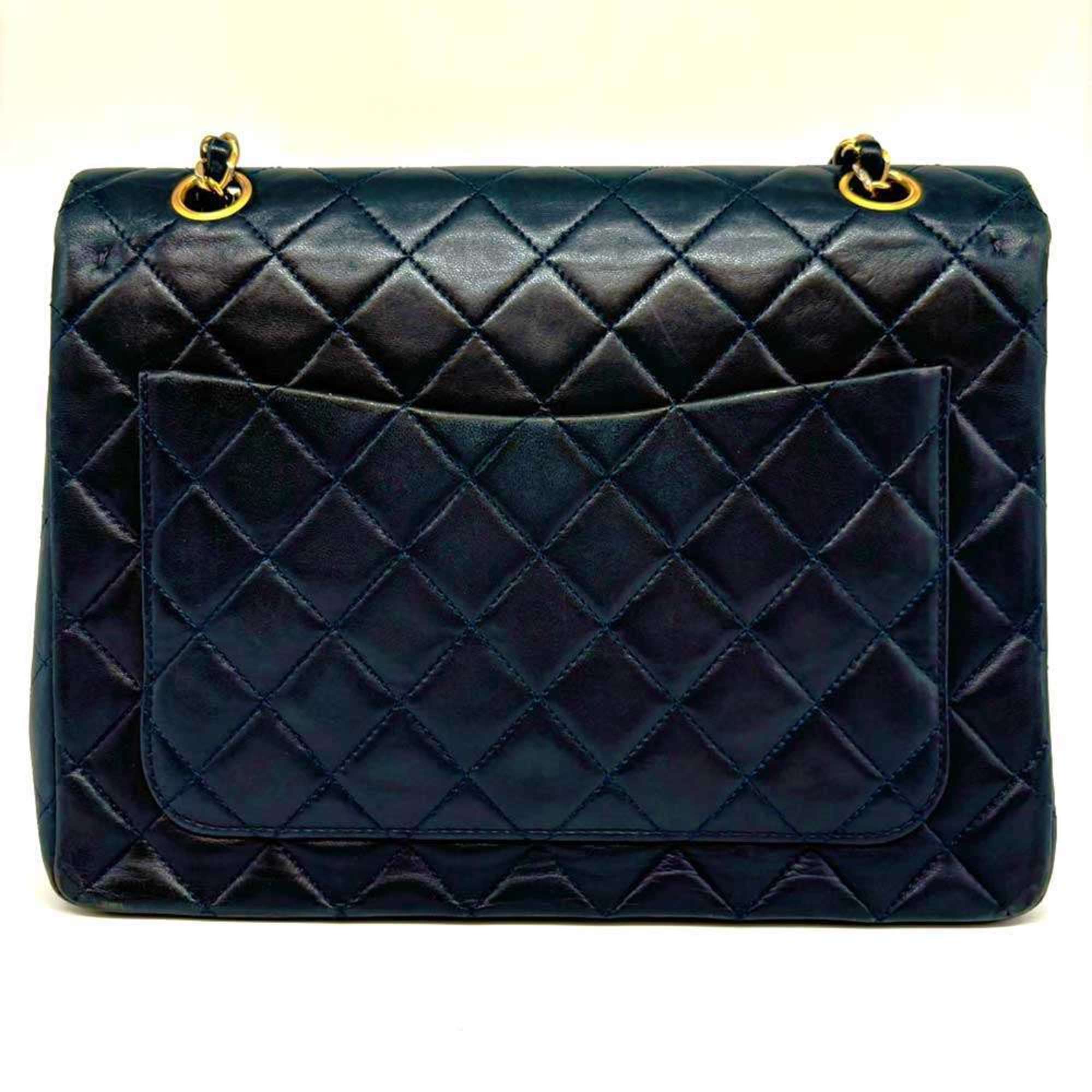 Chanel Chain Shoulder Bag 25 Lambskin Double Flap Navy Cross Stitch CHANEL