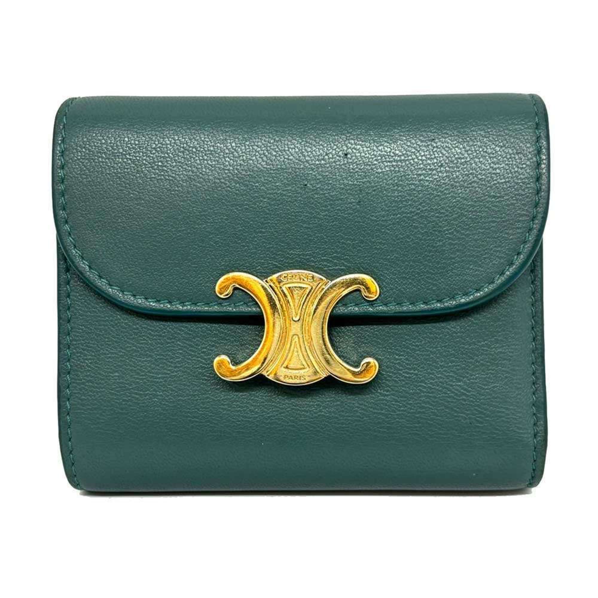 Celine Triomphe Small Flap Wallet Bi-fold Green Leather 10D783DPV CELINE