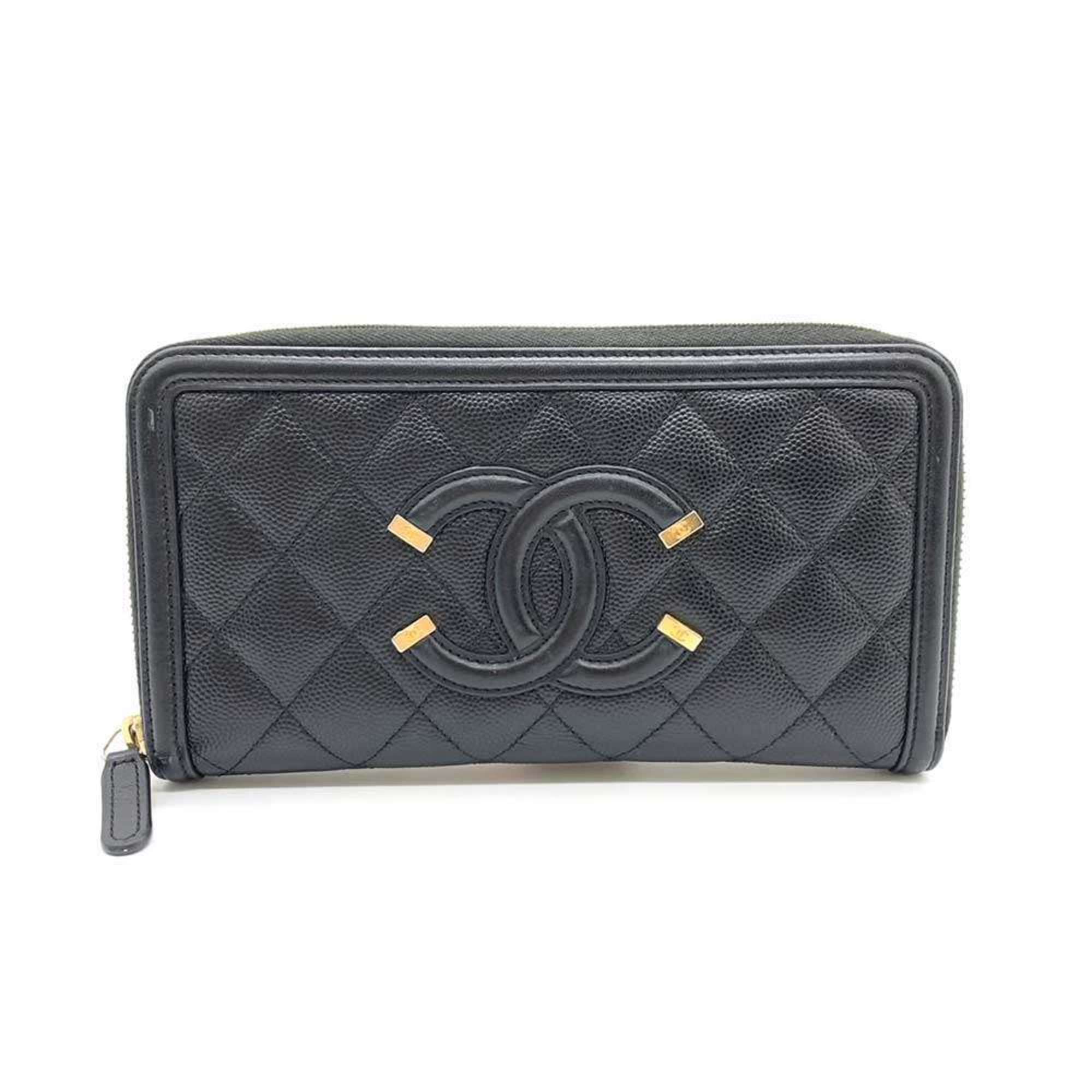 Chanel Wallet CC Filigree Long Round Black Coco Mark Women's Caviar Skin Leather A84449 CHANEL