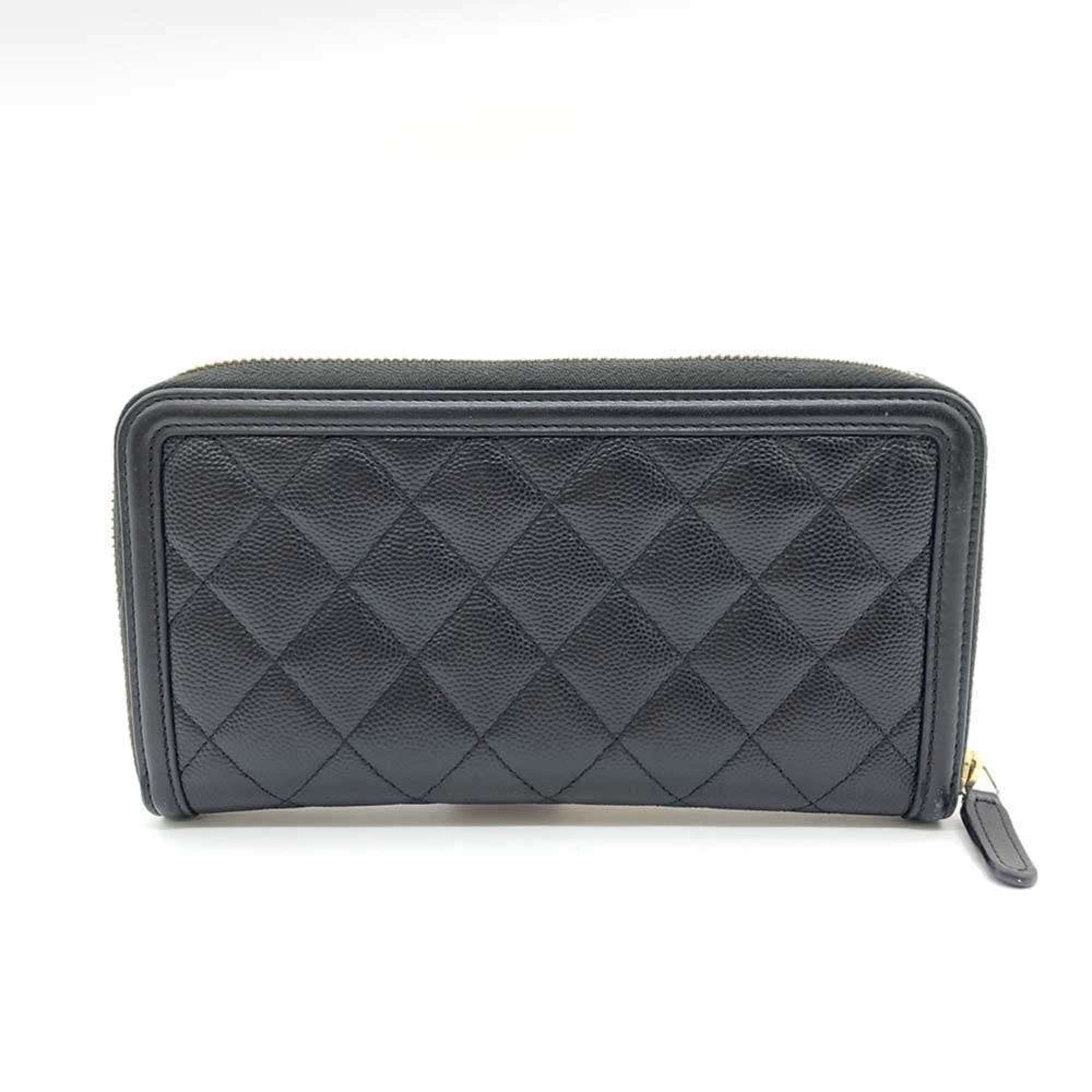 Chanel Wallet CC Filigree Long Round Black Coco Mark Women's Caviar Skin Leather A84449 CHANEL