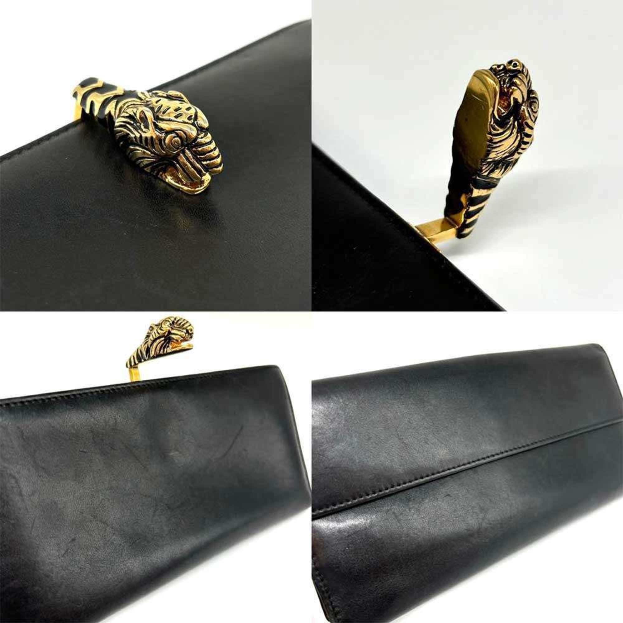 Gucci Tiger Head Clip Long Wallet Leather Black 035･2149･2190 GUCCI