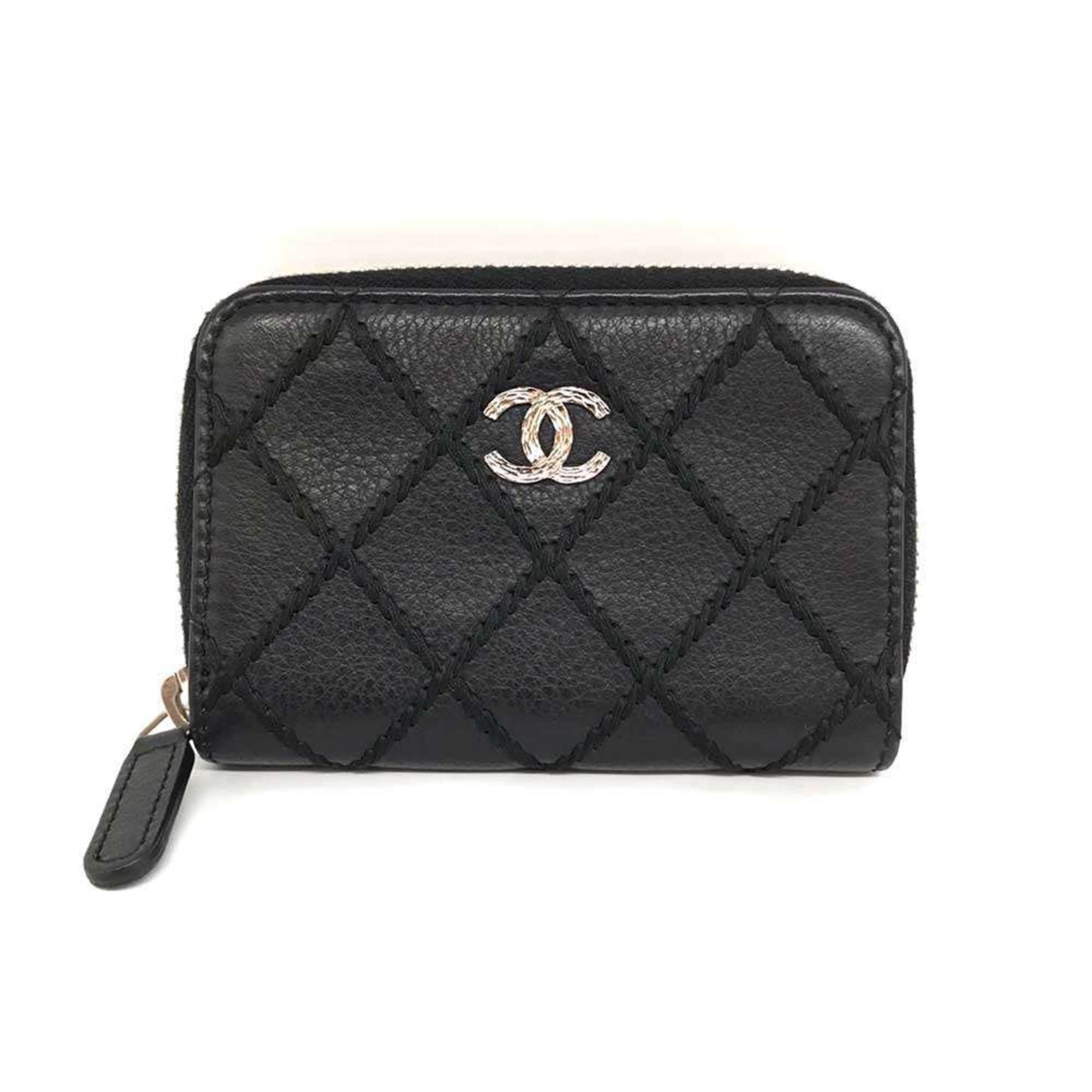 CHANEL Coin Purse Wild Stitch Black Leather Wallet/Coin Case Coco Mark