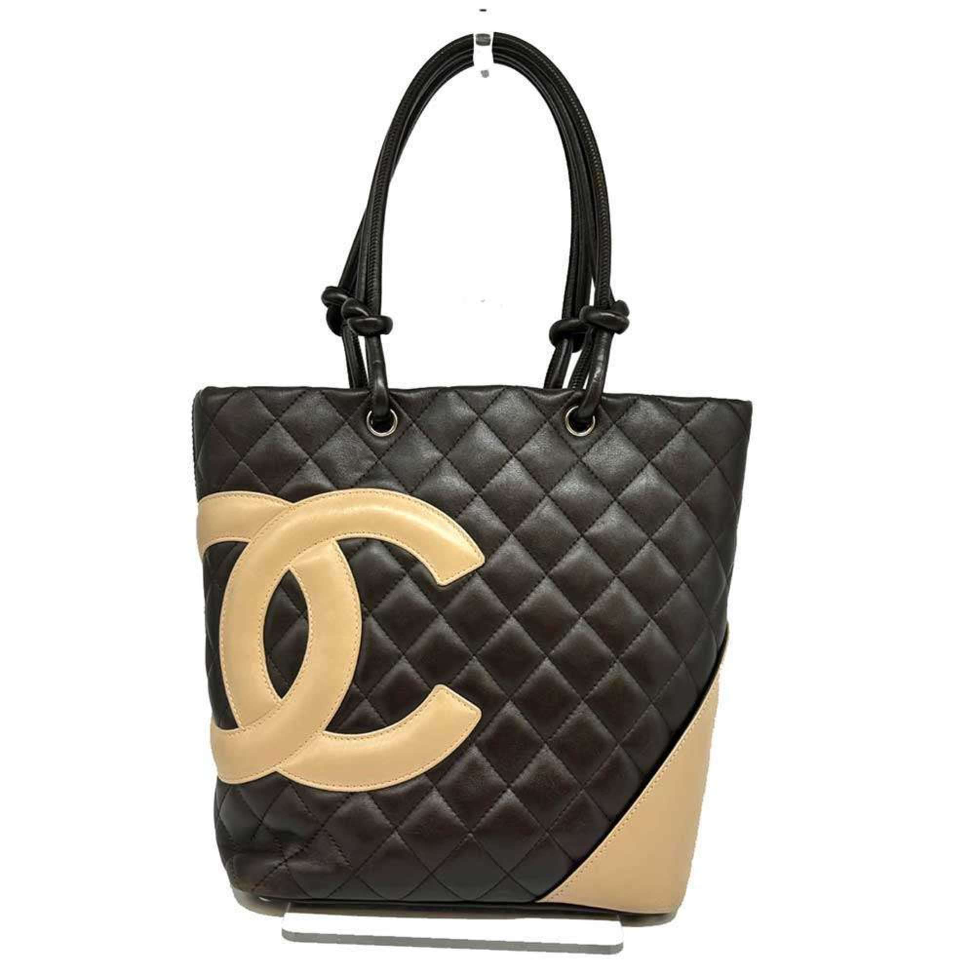 CHANEL Cambon Line Tote Bag Leather Nylon Dark Brown Beige