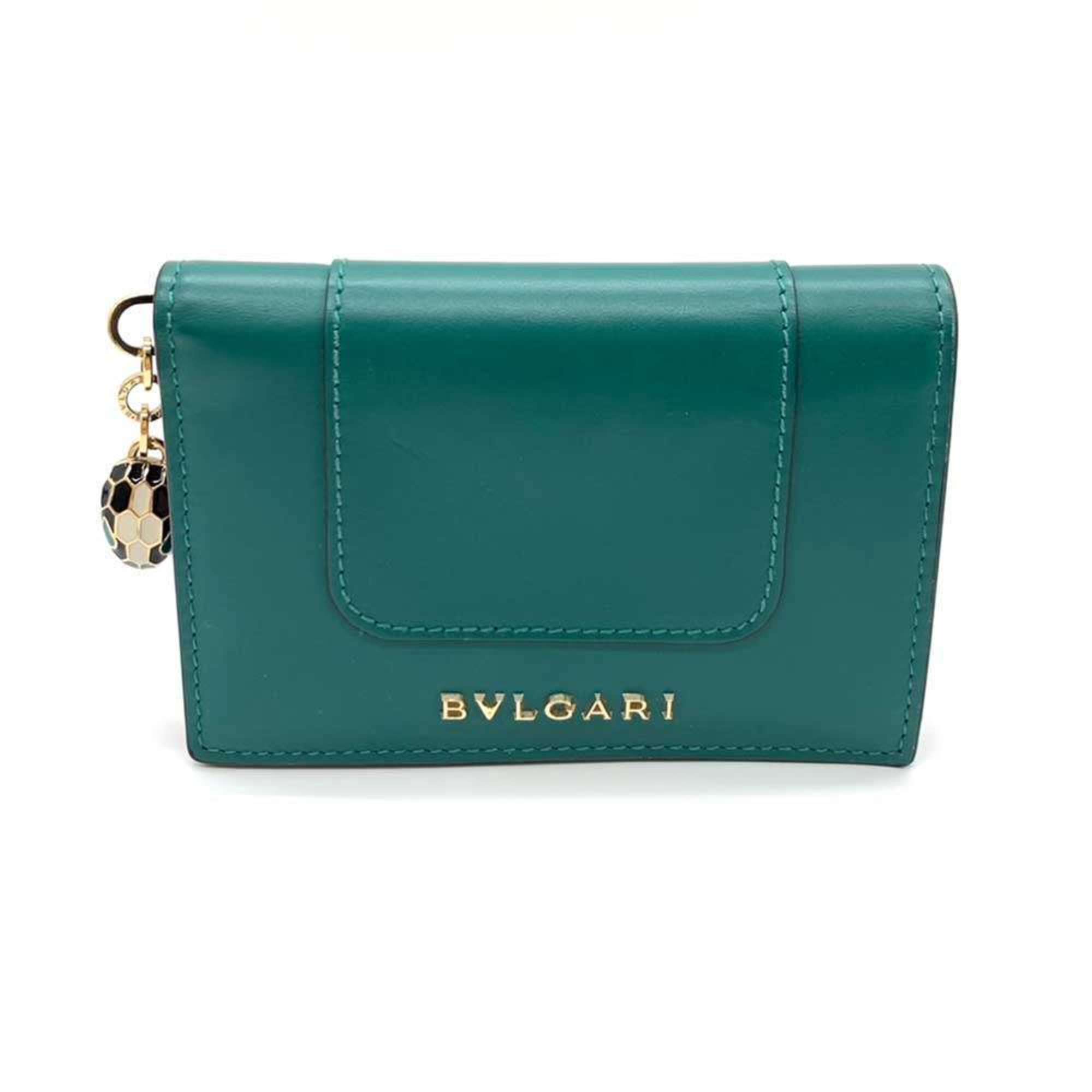 BVLGARI Accessories Serpenti Forever Business Card Holder/Card Case Green Bi-fold Square Snake Head Motif Women's Leather