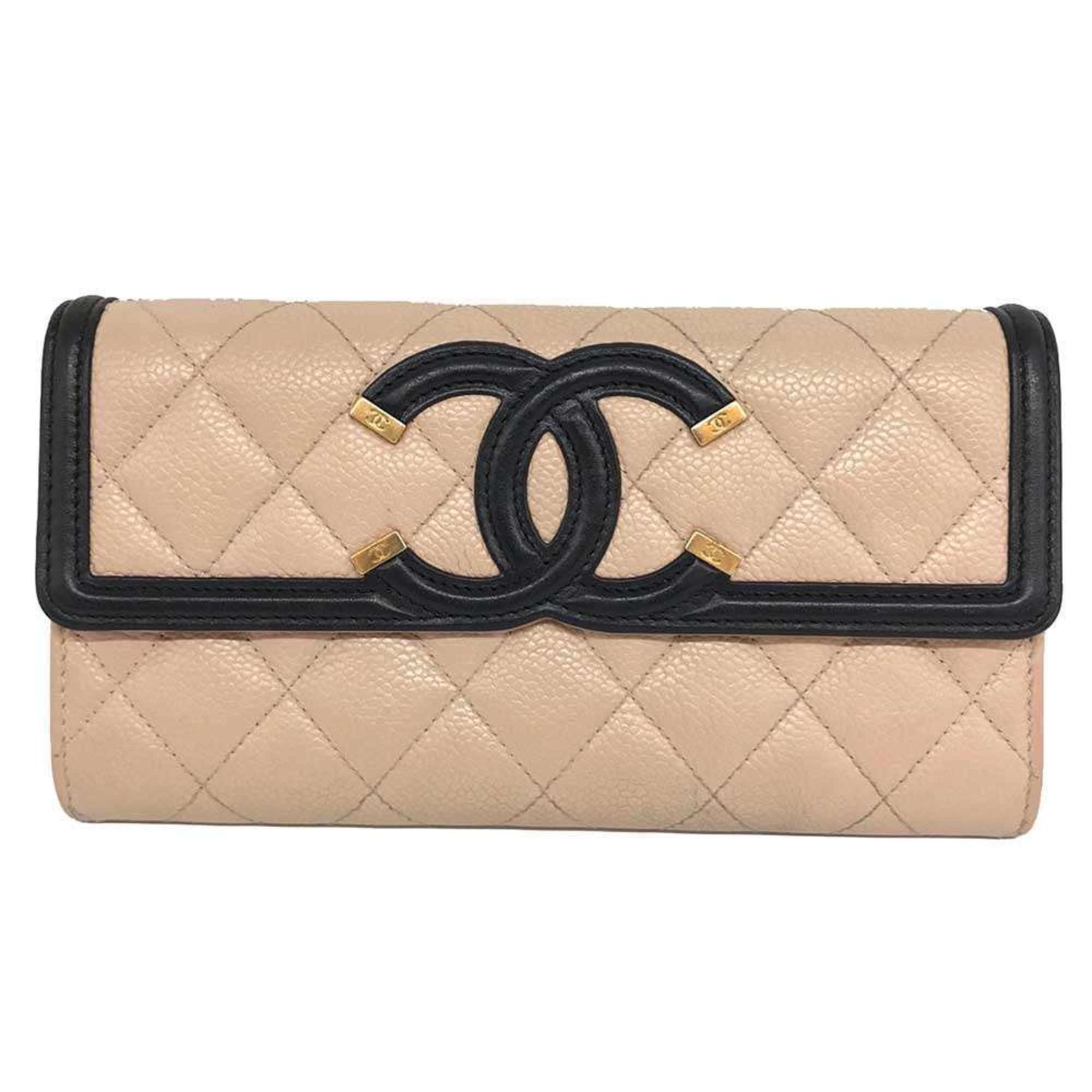 Chanel Figley Caviar Skin Long Wallet Beige Flap Leather Cross Stitch Coco Mark CHANEL