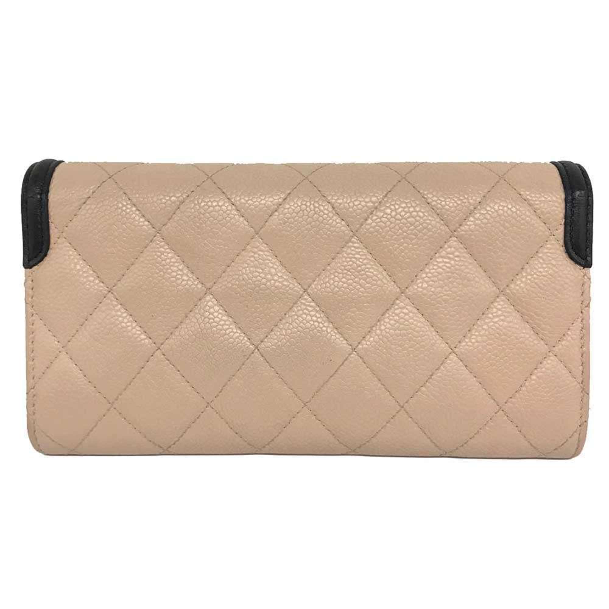 Chanel Figley Caviar Skin Long Wallet Beige Flap Leather Cross Stitch Coco Mark CHANEL