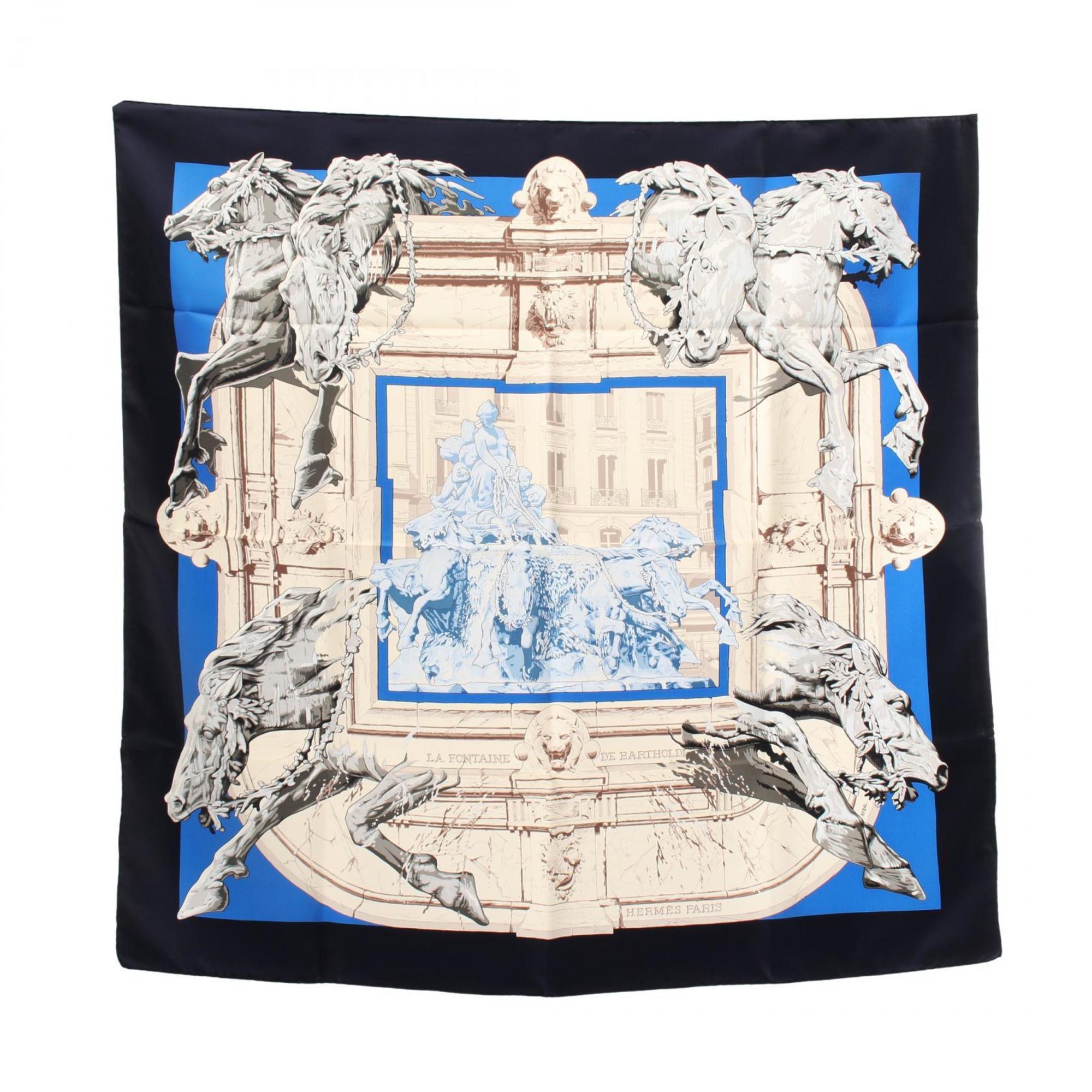 Hermes HERMES Carré 90 LA FONTAINE DE BARTHOLDI Scarf Silk Women's Beige Navy Multicolor