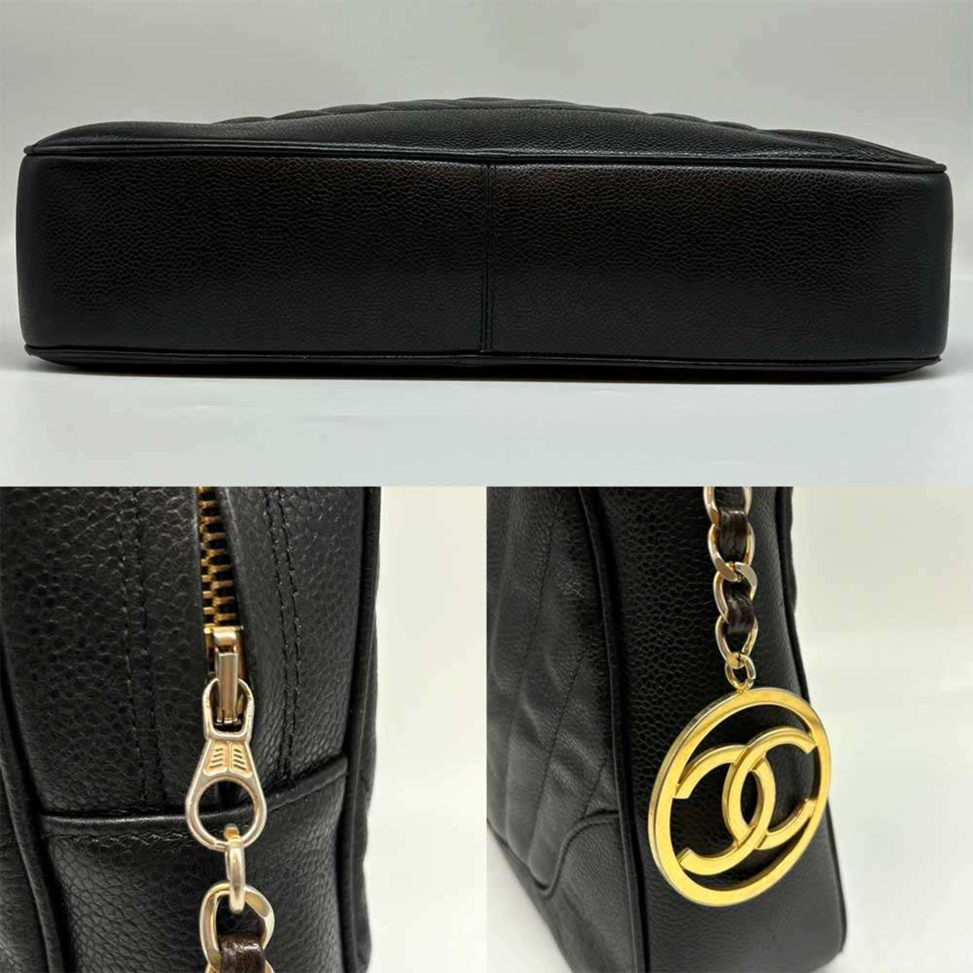 Chanel Caviar Skin Handbag Chevron V Stitch Black Leather CHANEL