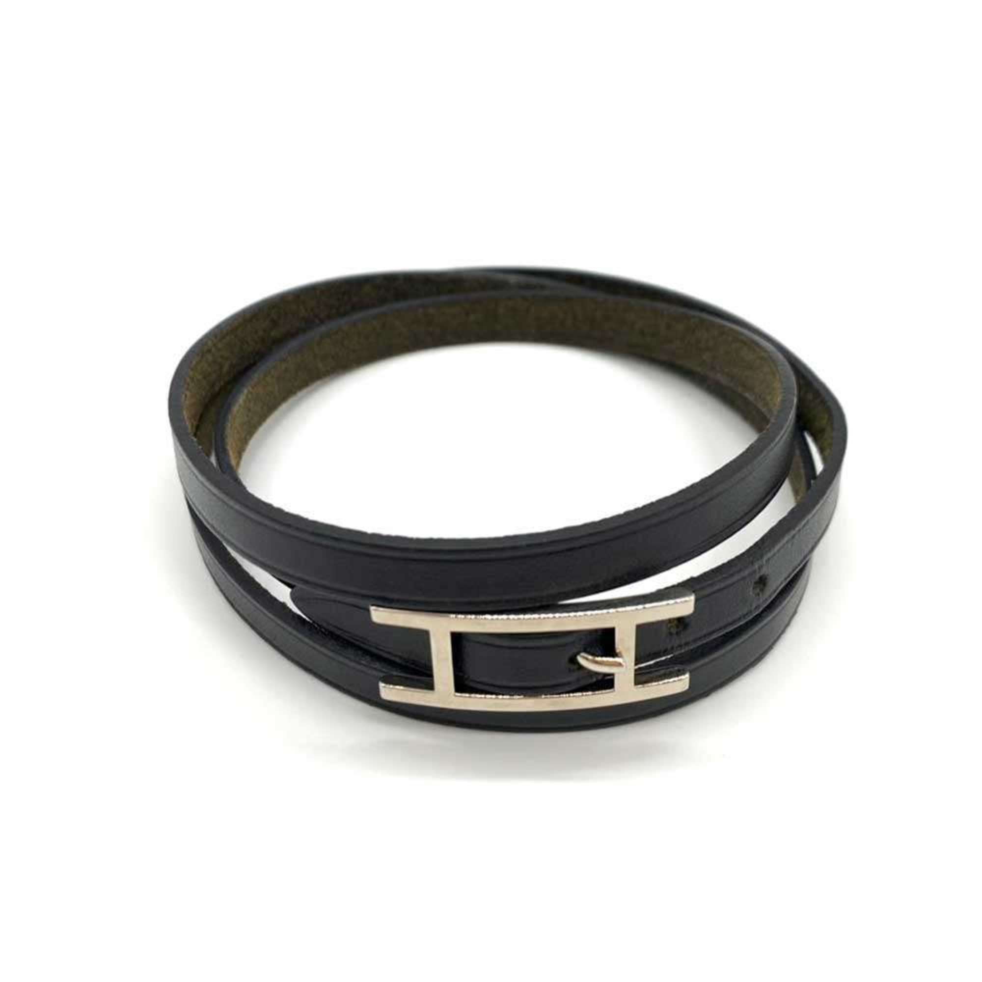 Hermes Accessories Api3 Black 3-Row Bracelet Bangle H Motif Women's Leather HERMES