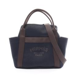 Hermes HERMES Sac de Pansage Groom Tote Bag Leather Toile Chevron Men's Women's Navy Brown 068312CK