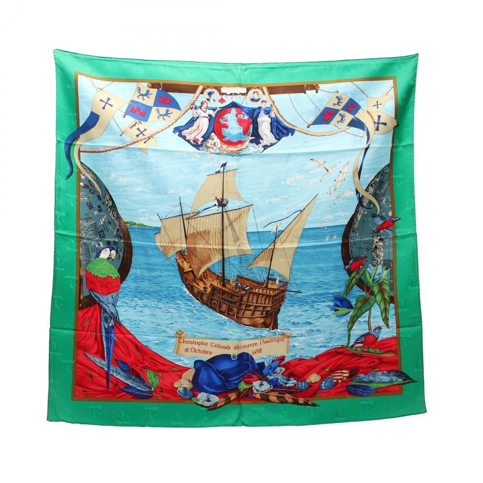 Hermes HERMES Carré 90 Christophe Colomb decouvre 1 Amerique 12 Octobre 1492 Scarf Silk Women's Green Multicolor