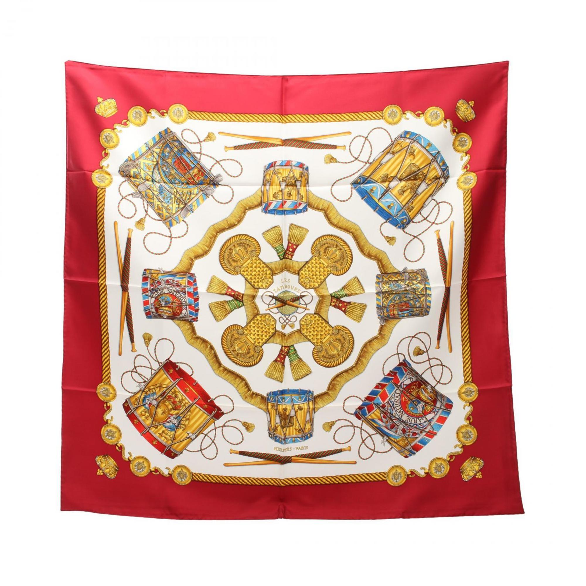 Hermes HERMES Carré 90 LES TAMBOURS Scarf Silk Women's Red Multicolor