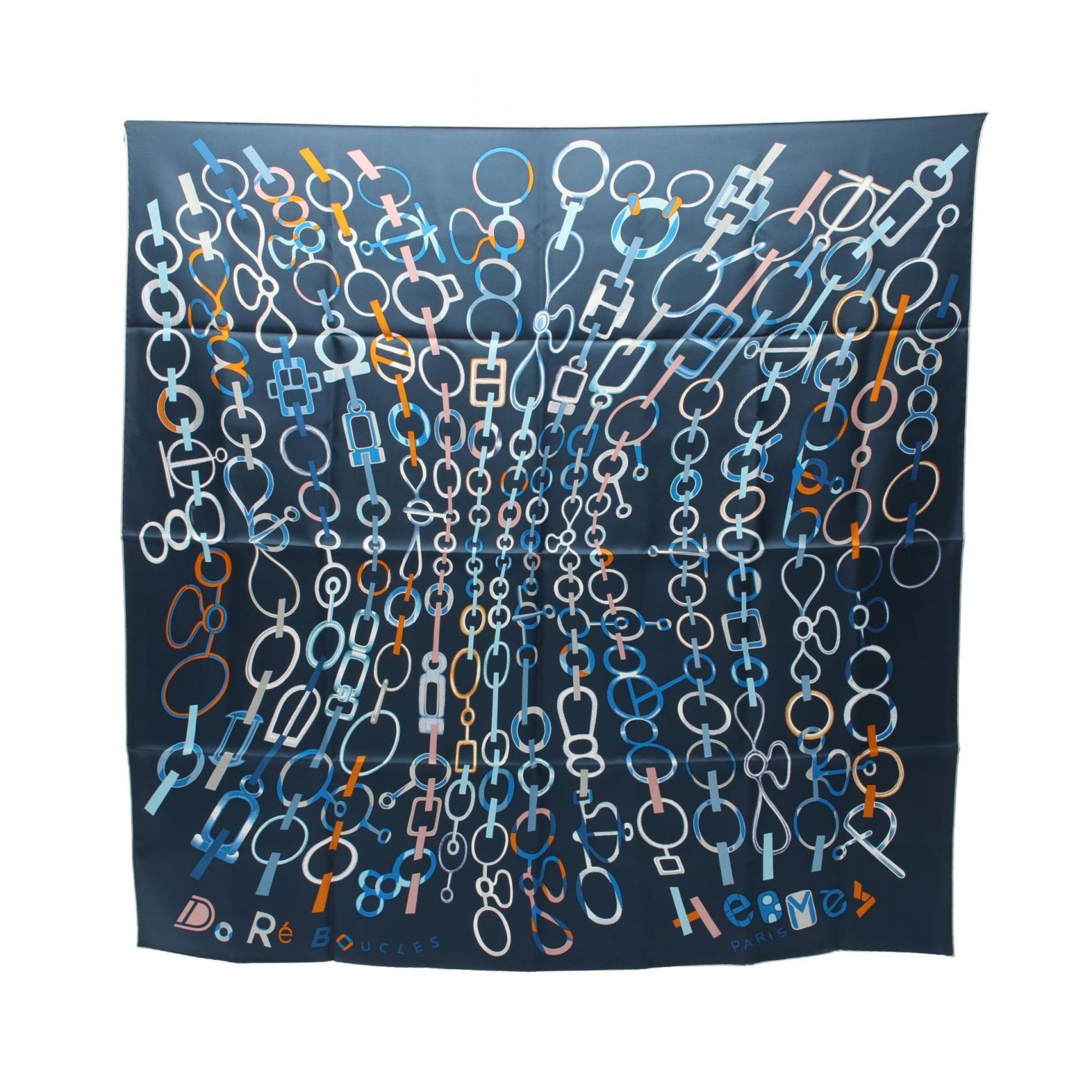 Hermes HERMES Carre 90 Do Re Boucles Scarf Silk Women's Navy Multicolor