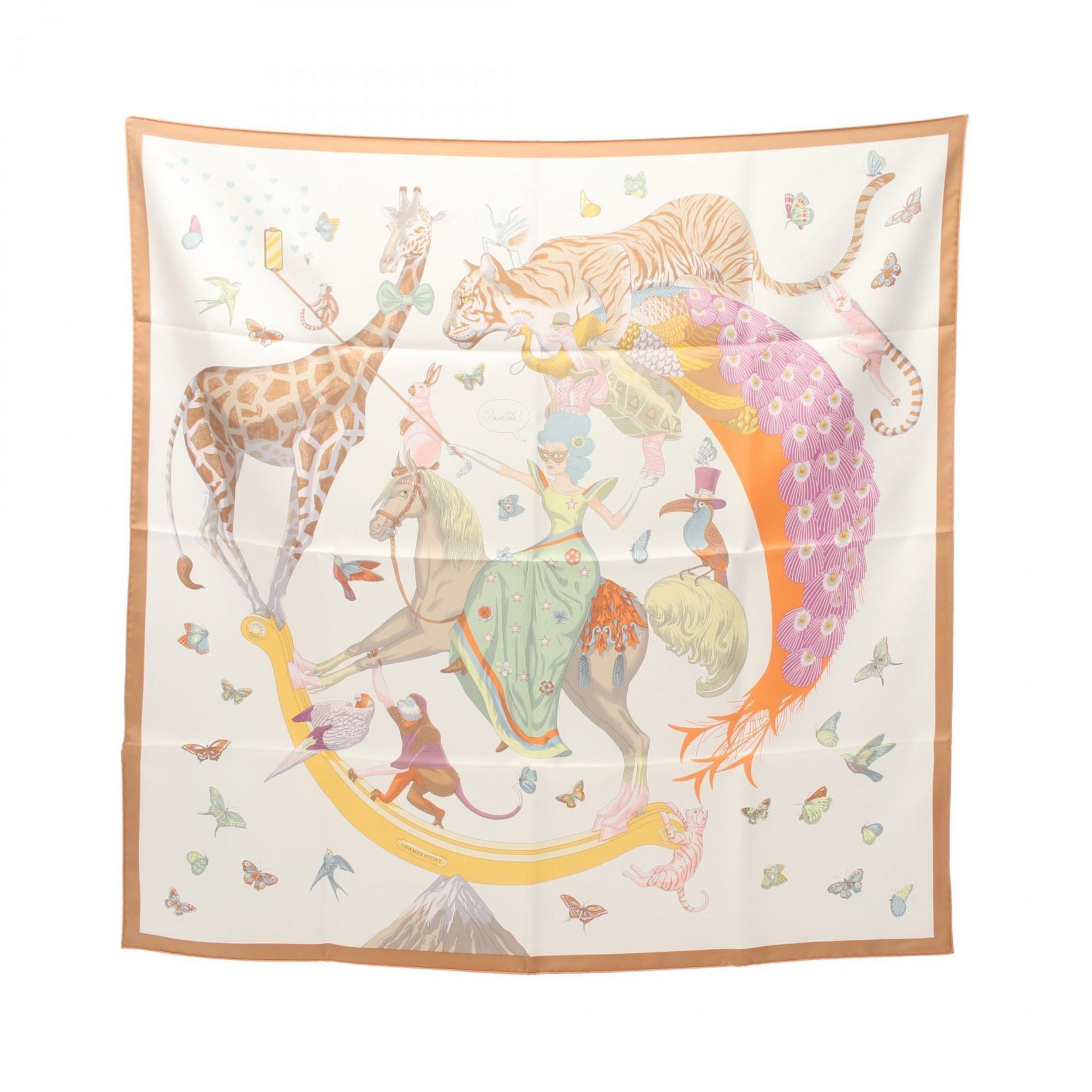 Hermes HERMES Carré 90 STORY Scarf Silk Women's White Brown Multicolor