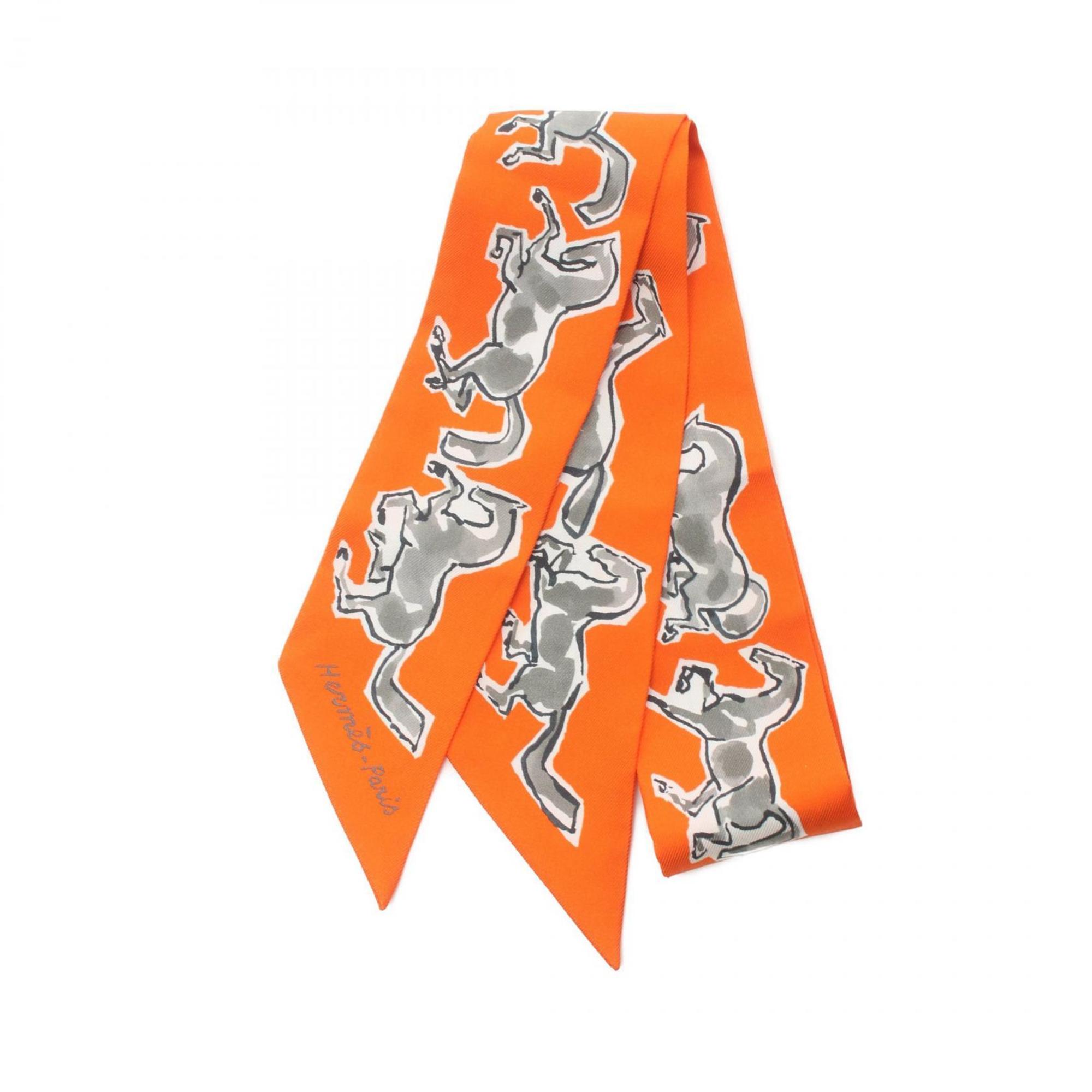 Hermes CHEVAUX EN LIBERTE Twilly Silk Scarf for Women Orange Multicolor