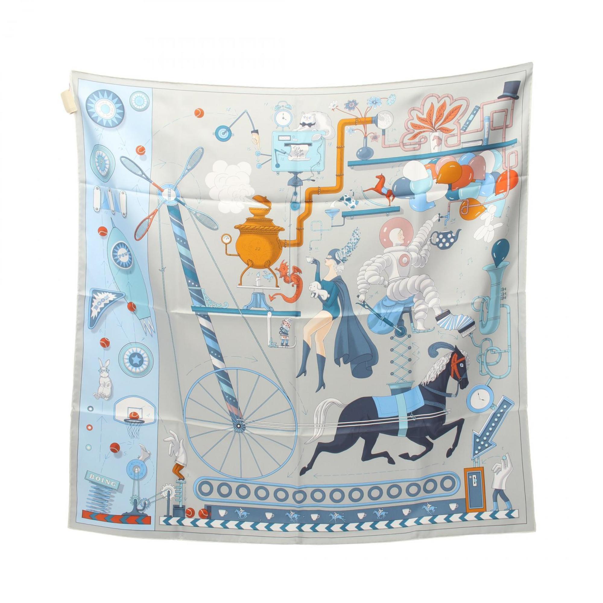 Hermes HERMES Carré 90 TEA FOR TWO Scarf Silk Women's Grey Multicolor