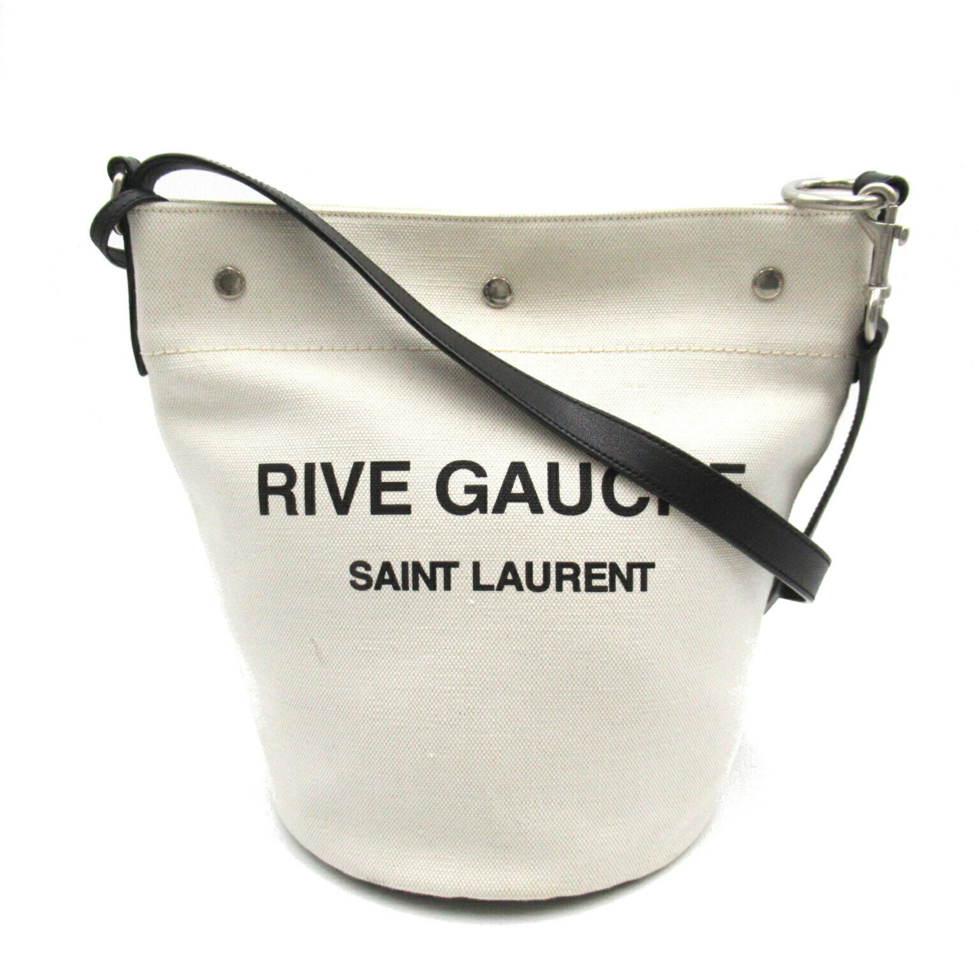 Yves Saint Laurent Rive Gauche Shoulder Bag Canvas Leather Women's Ivory Black