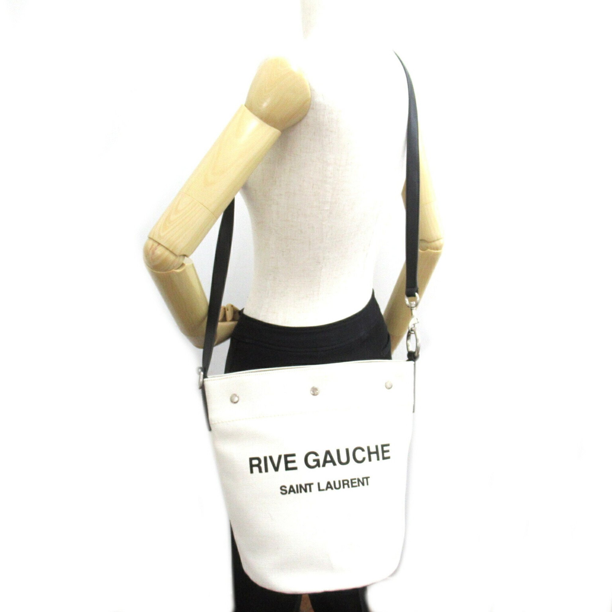 Yves Saint Laurent Rive Gauche Shoulder Bag Canvas Leather Women's Ivory Black