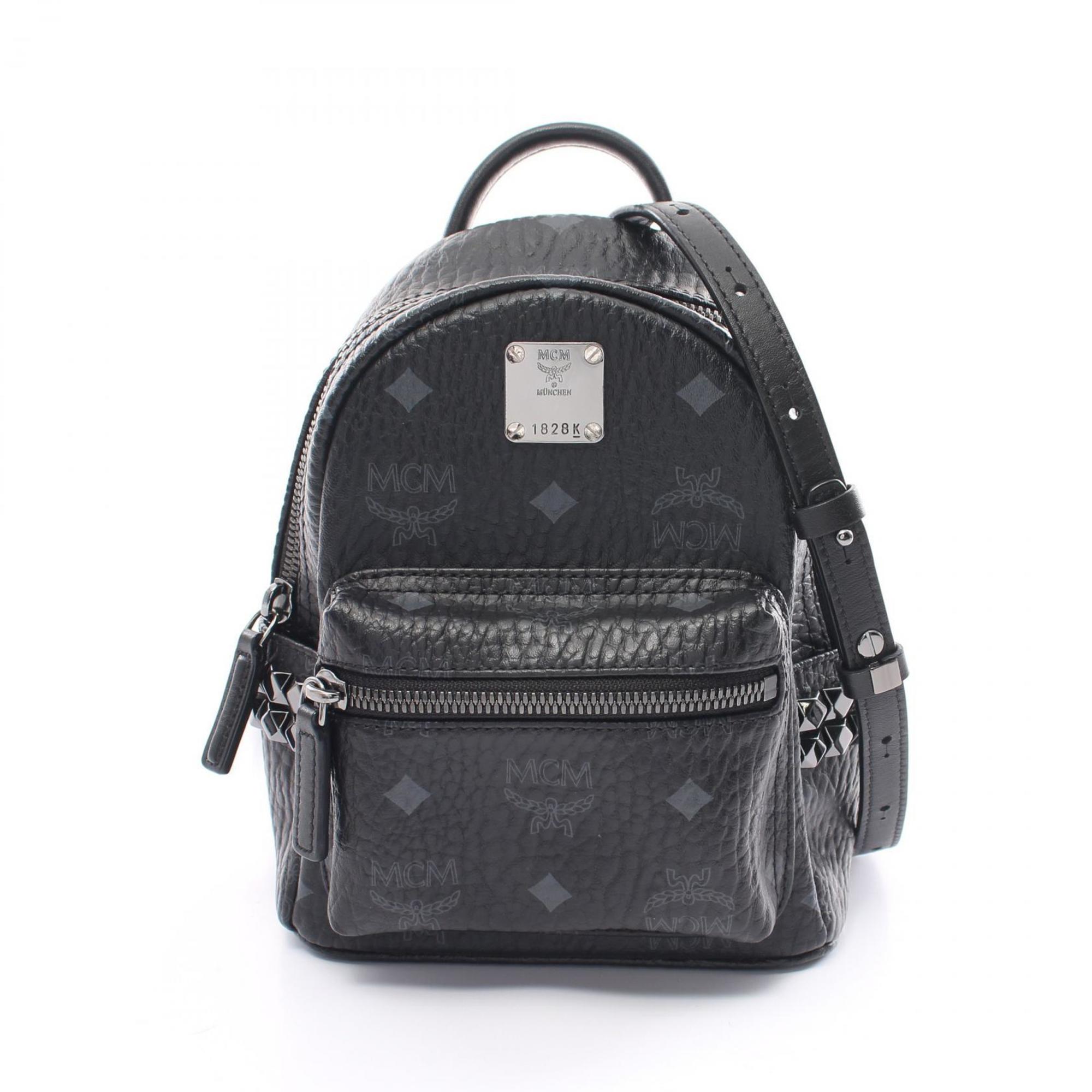 MCM Visetos Stark Backpack Rucksack Bag Coated Canvas Leather Women's Black