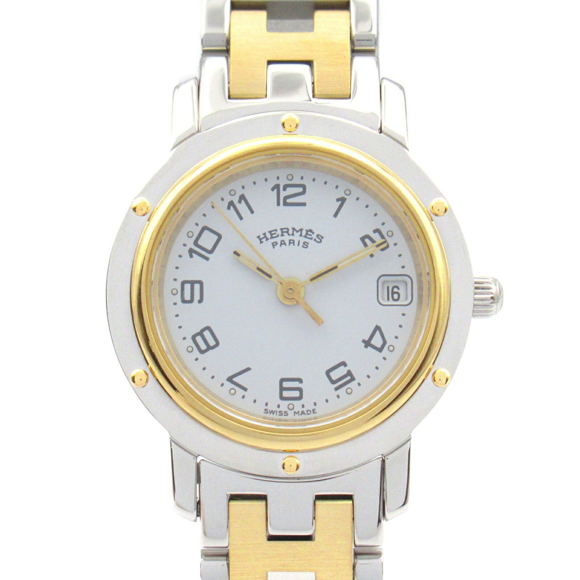 Hermes Clipper Watch GP (Gold Plated) Stainless Steel Ladies White CL4.220