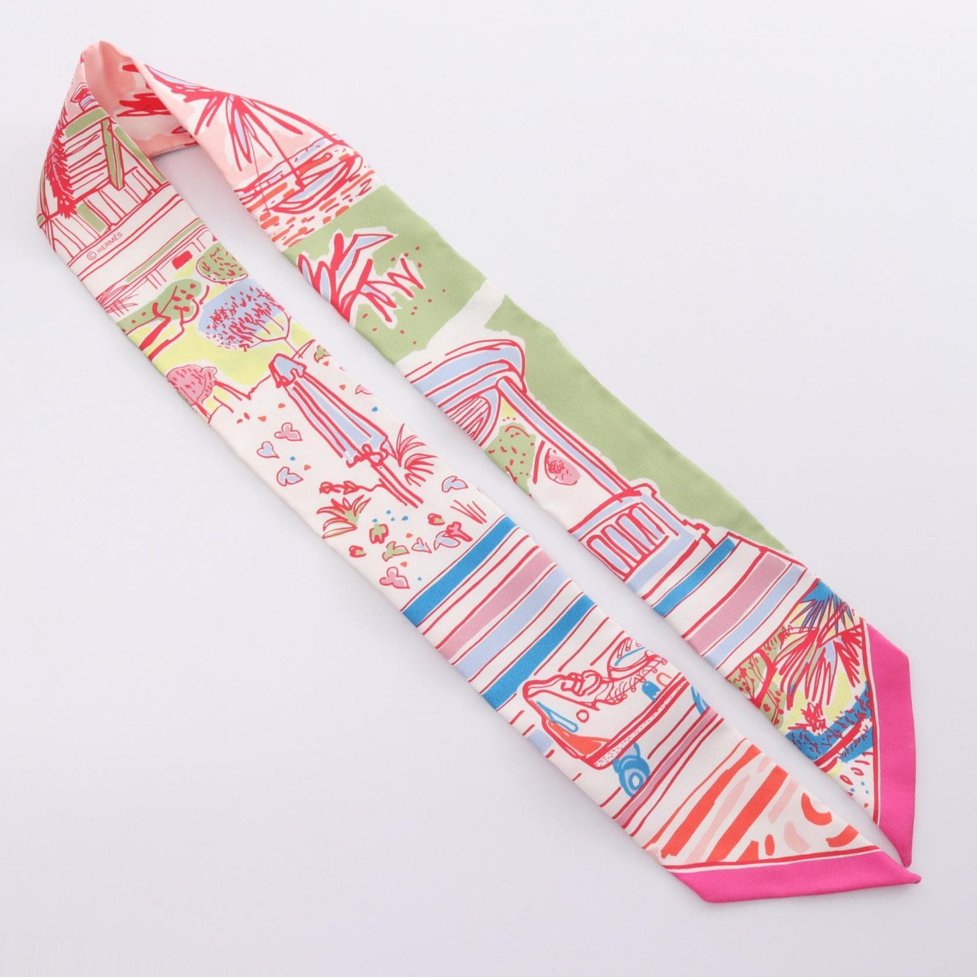 Hermes HERMES Twilly RAYURES D'ETE Ribbon Scarf Silk Women's Pink Multicolor